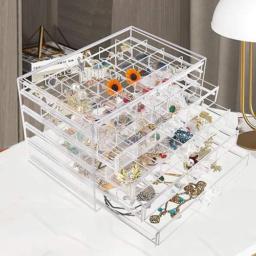 Miniatura 6 de Caja organizadora de joyas, soporte acrílico para joyas, almacenamiento de joyas transparente con 5 cajones para mujeres, niñas y hombres