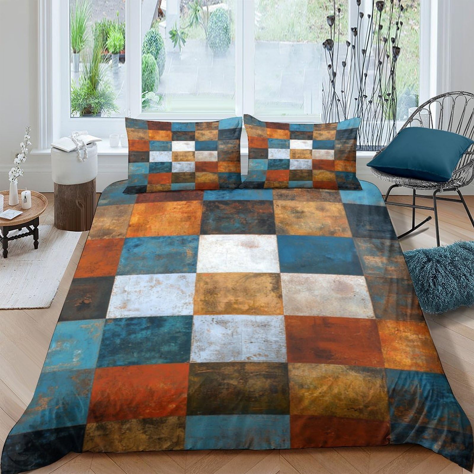 Ctjqhvkz Style-3 3D Printed Patchwork Rustic Fitted Sheet Microfiber Colourful Geometric Mattress Cover Bedroom Decor Easy Care Single（135X200cm）