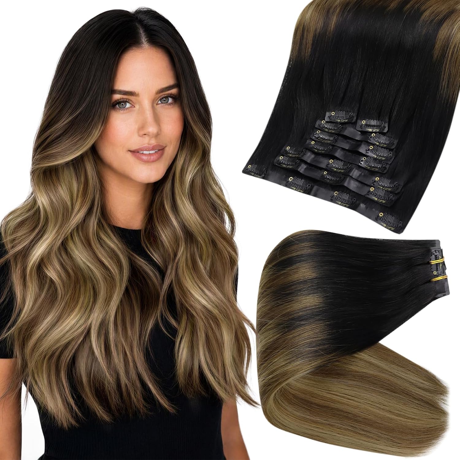 Full Shine Human Hair Clip ins, Off Black with Honey Blonde Highlights