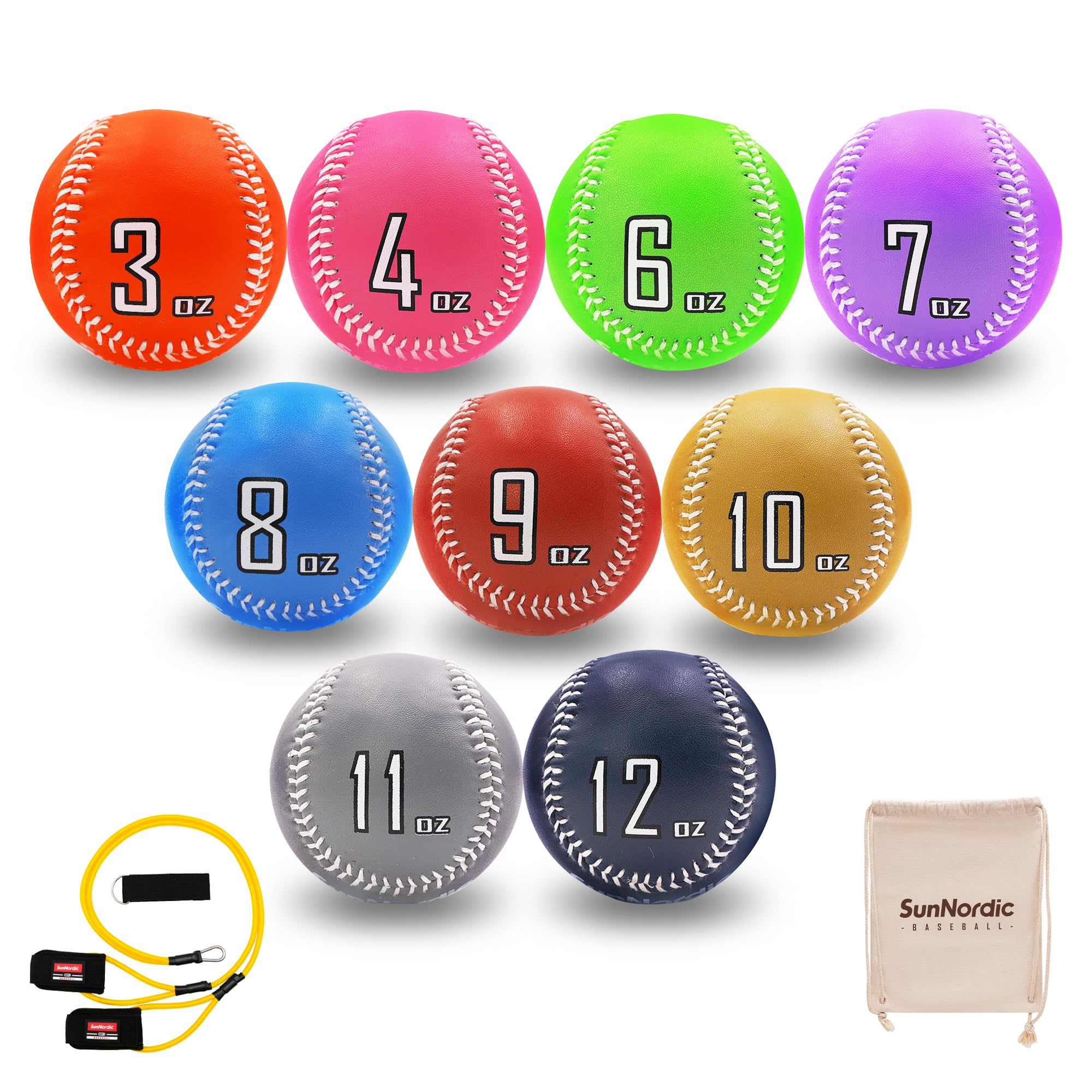 SunNordic Leather Weighted Baseballs Set of 9 (3-12OZ), Baseball Plyo Balls with 25/35/50LB Resistance Arm Care Bands for Pitching Practice, Training Softball Baseballs for All Skill Levels
