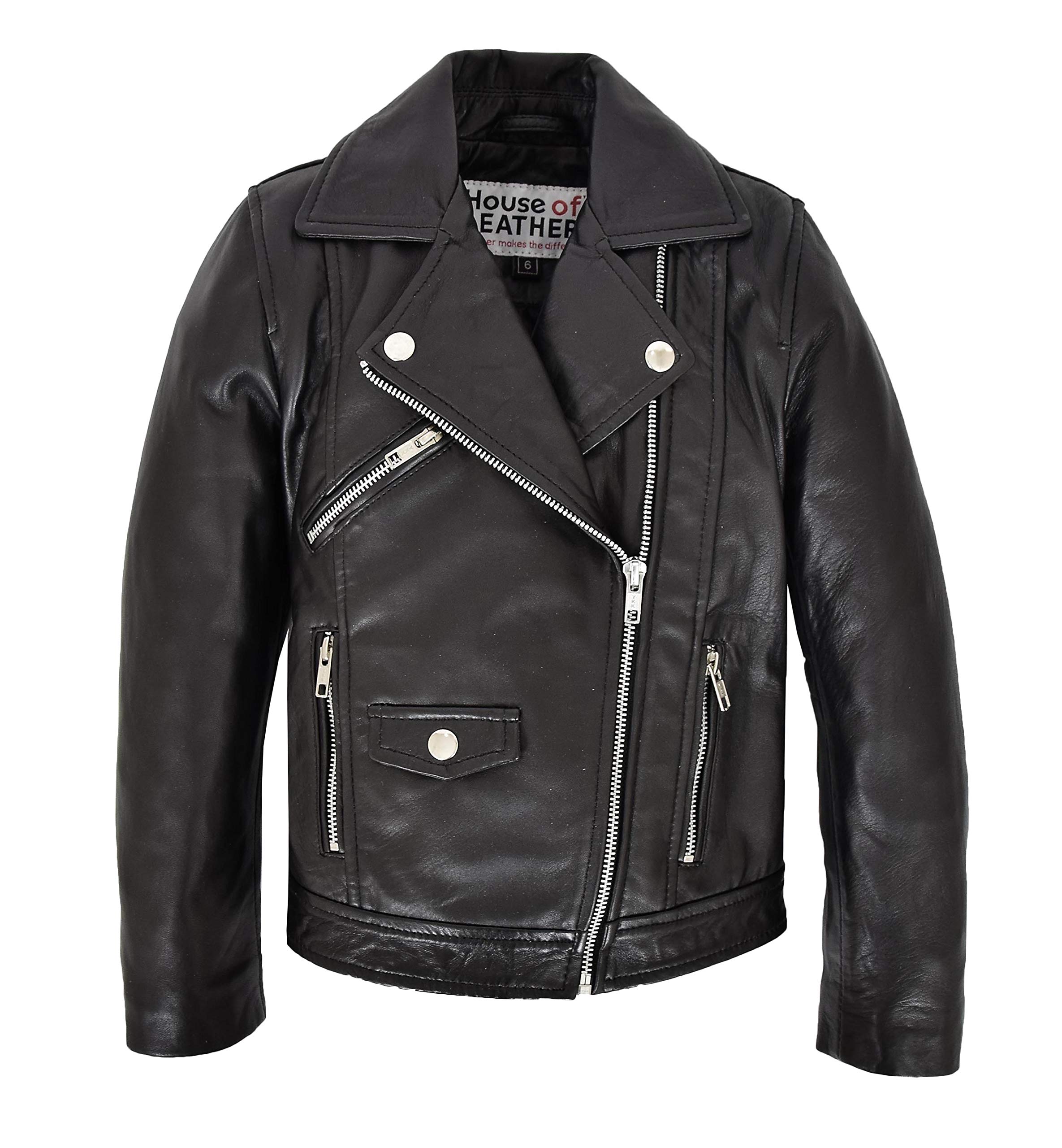 Girls Kids Children Real Leather Cross Zip Biker Style Jacket Emily Black (as8, age, 10_years, regular)