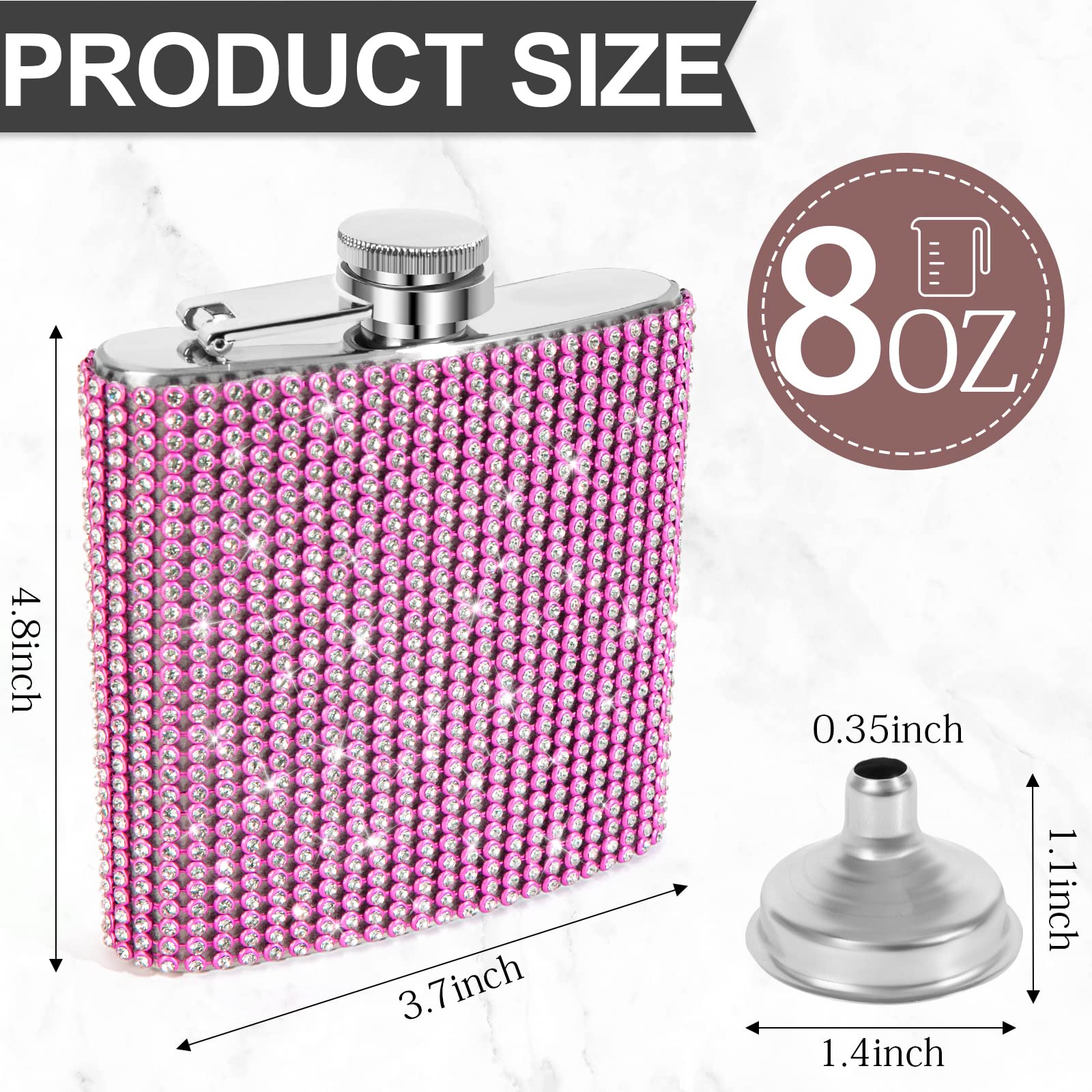 INSTOME Diamond Hip Flask,Flasks for Liquor for Women,8oz Bling Flasks for Liquor,Rhinestone Hip Flask Leakproof with Funnel,Leakproof Flask for Wine Whiskey Liquor Drinking (8oz, pink)