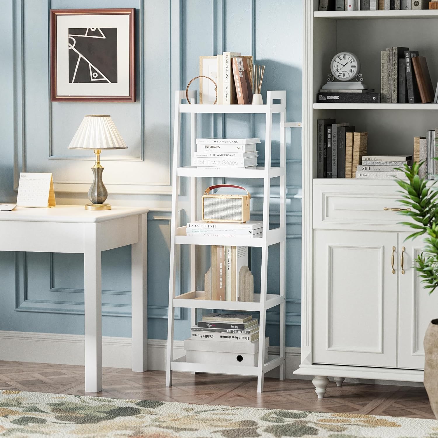 SMIBUY Bamboo Ladder Bookcase, Bathroom Storage Rack Organizer, 4 Tier and 5 Tier Freestanding Plant Display Stand Space Saver Shelves for Bedroom, Kitchen, Balcony (White, 5 Tiers (50" H))