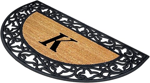 Miniatura 3 de Felpudo monograma de media luna de fibra de coco con diseño de borde de goma antideslizante, inicial de monograma, borde de goma negro, 22 x 36