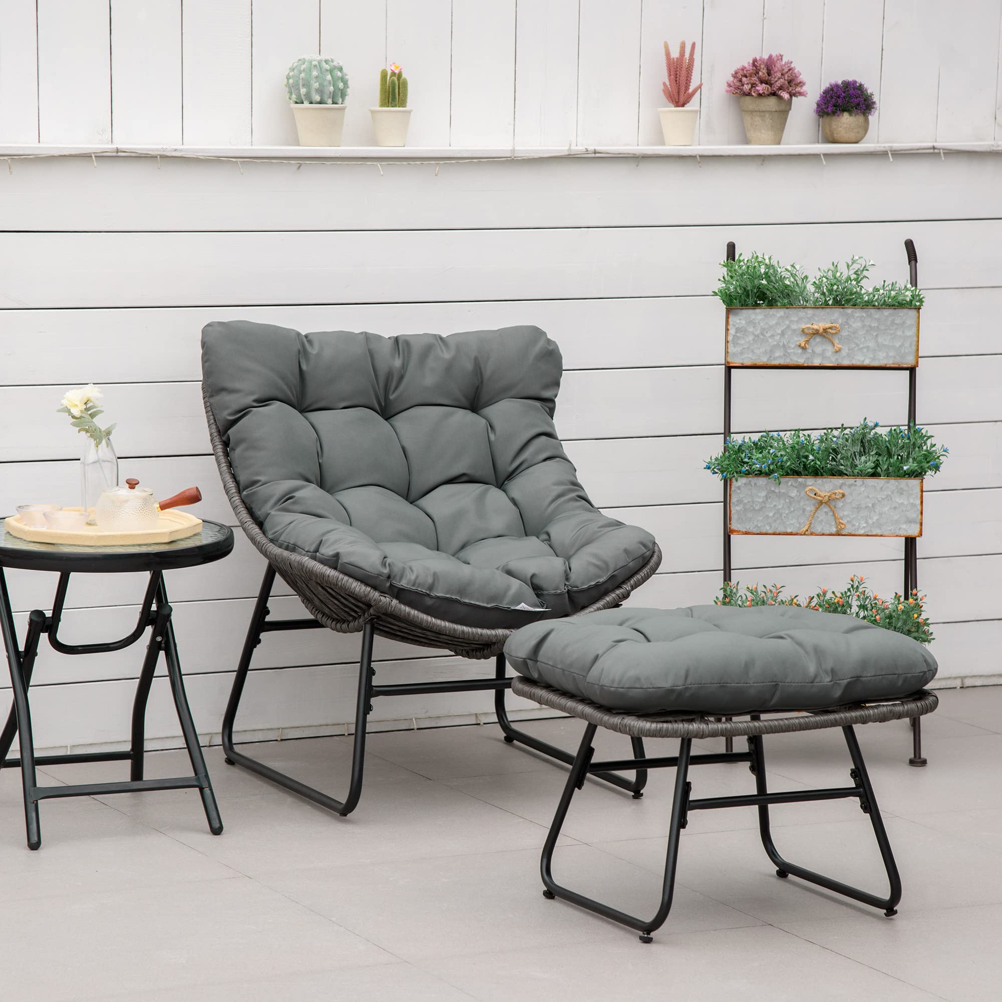 Outsunny Rattan Relaxsessel mit Fußhocker, Gartensessel mit Dicke Kissen Outdoor Rattanstuhl Gartenstuhl für Garten, Balkon, Terrasse Grau