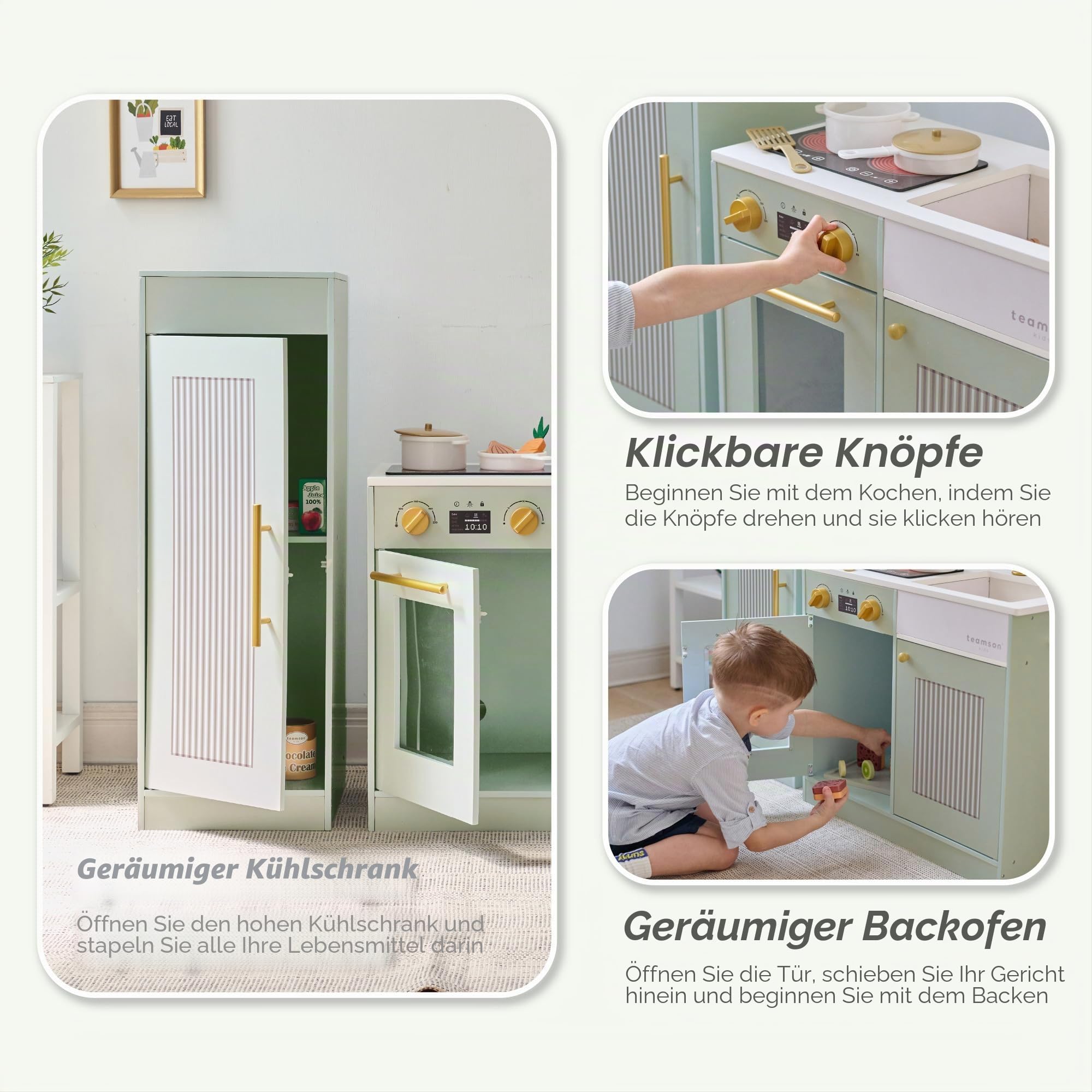 Teamson Kids Little Chef Chester Kinderküche in Grün mit Zubehör, Spielküche für Kinder aus Holz mit Herd, Backofen und Stauraum | mit Zubehör, Spielküche aus Holz, mit Herd, Backofen, Stauraum