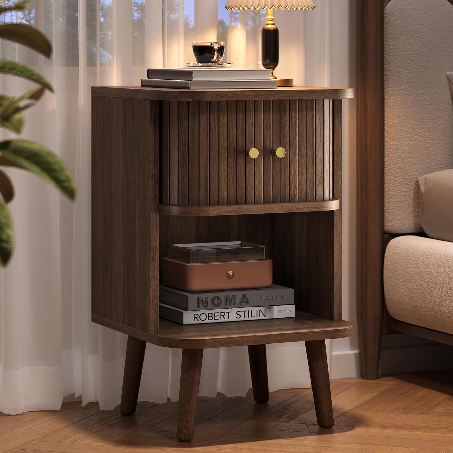 Fluted Nightstand, Mid Century Modern Bedside Table with Charging Station, Walnut End Tables with Sliding Tambour Doors, Storage Cabinet and Open Shelf for Bedroom, Walnut