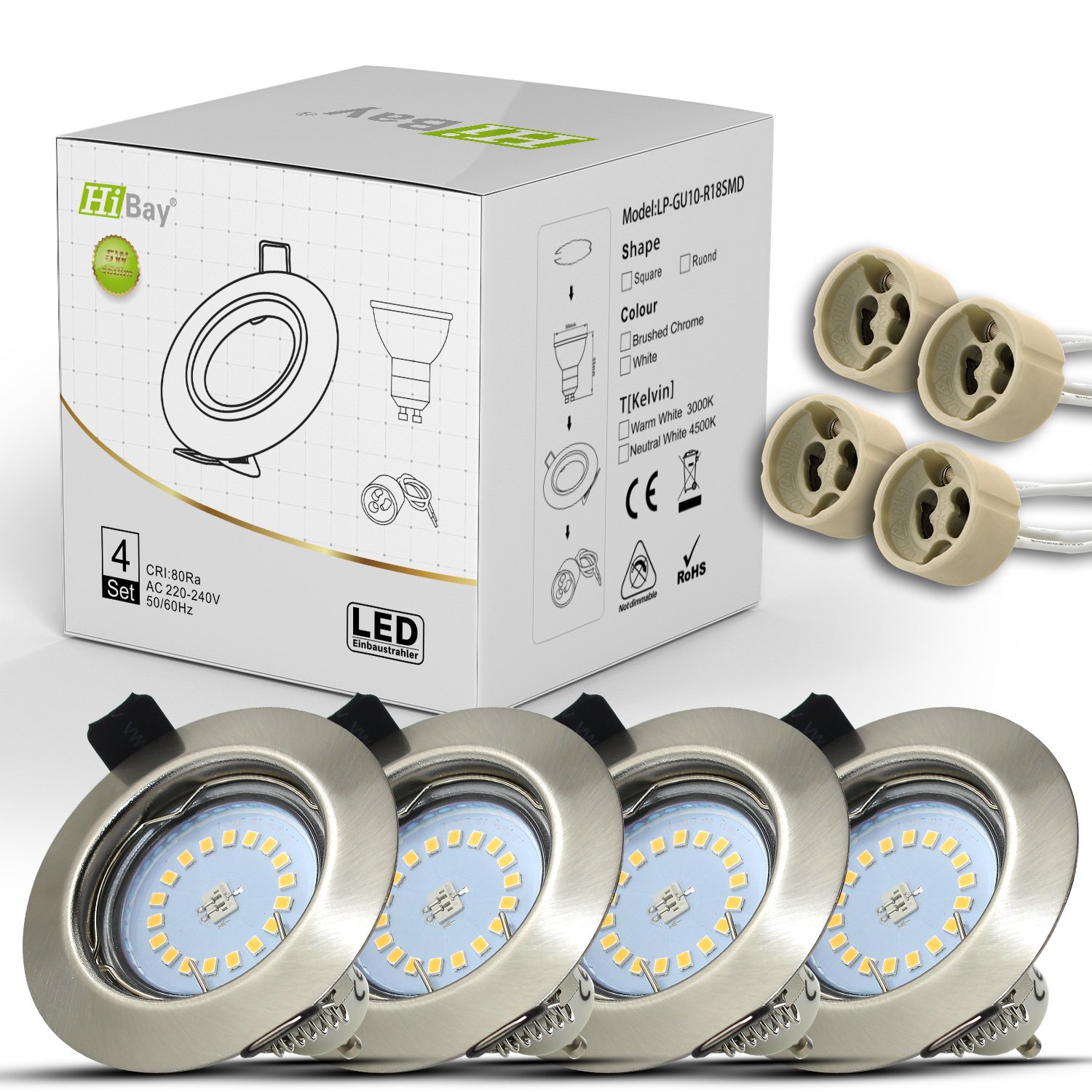 HiBay 4er Set LED Spot Einbaustrahler 230V GU10 5W 68mm Einbauspots Rund Einbauleuchten Edelstahl gebürstet Neutralweiß für Wohnzimmer Schlafzimmer Küche