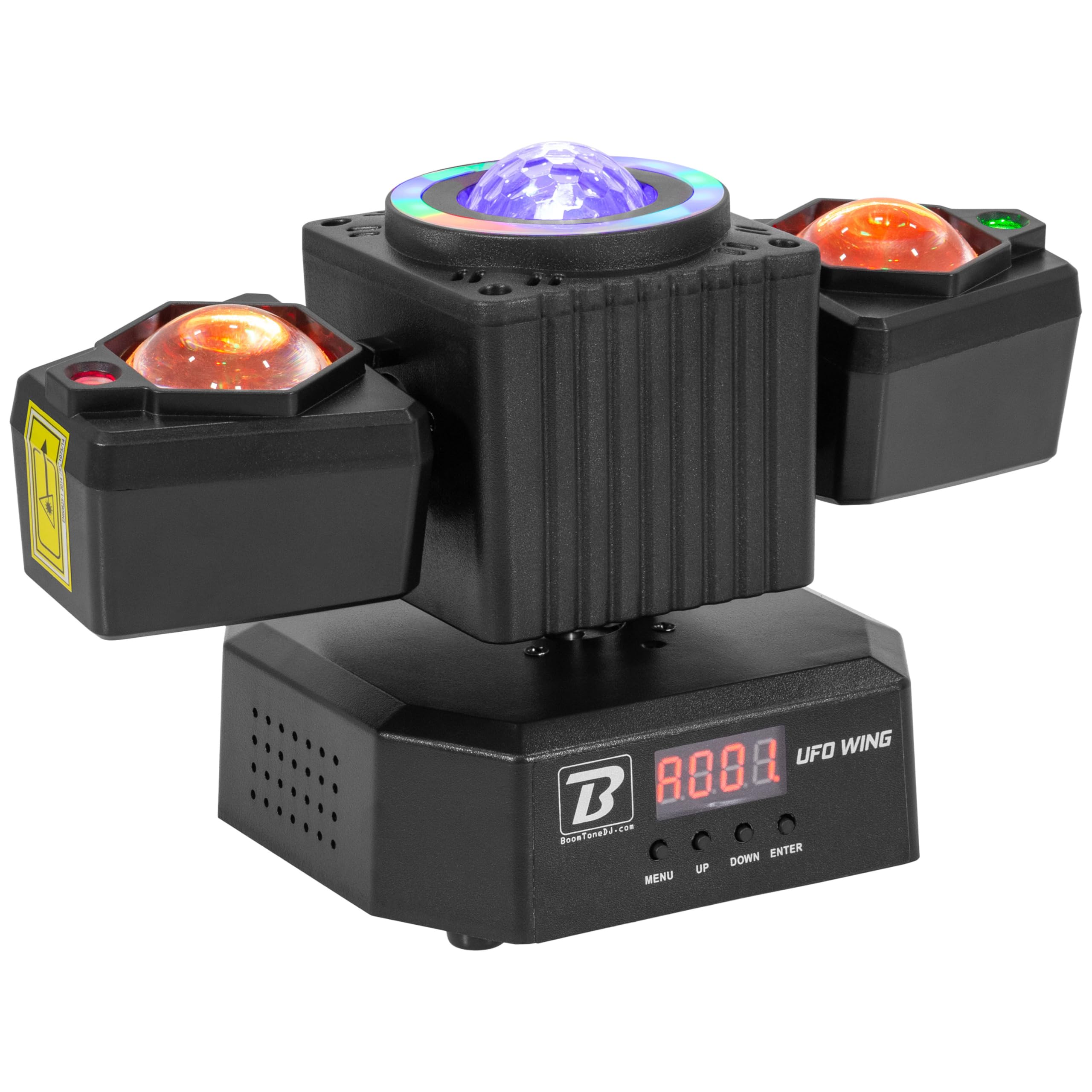 BoomToneDJ UFO Wing Jeu de Lumière LED 4-en-1 : Multifaisceaux, Stroboscope, Laser Rouge/Vert, Beam, Télécommande IR, DMX 19 canaux, Idéal DJ, Soirées, Événements