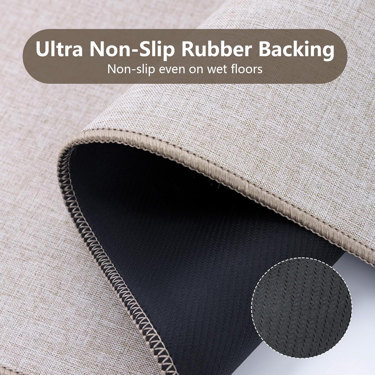 Non Slip Kitchen Runner Rugs Mat Washable Linen-Like Thin Kitchen Mats for Floor, Rubber Backing Absorbent Stain Resistant Mat Front of Sink Laundry, Easy Clean, Light Brown/Beige 17"x59"