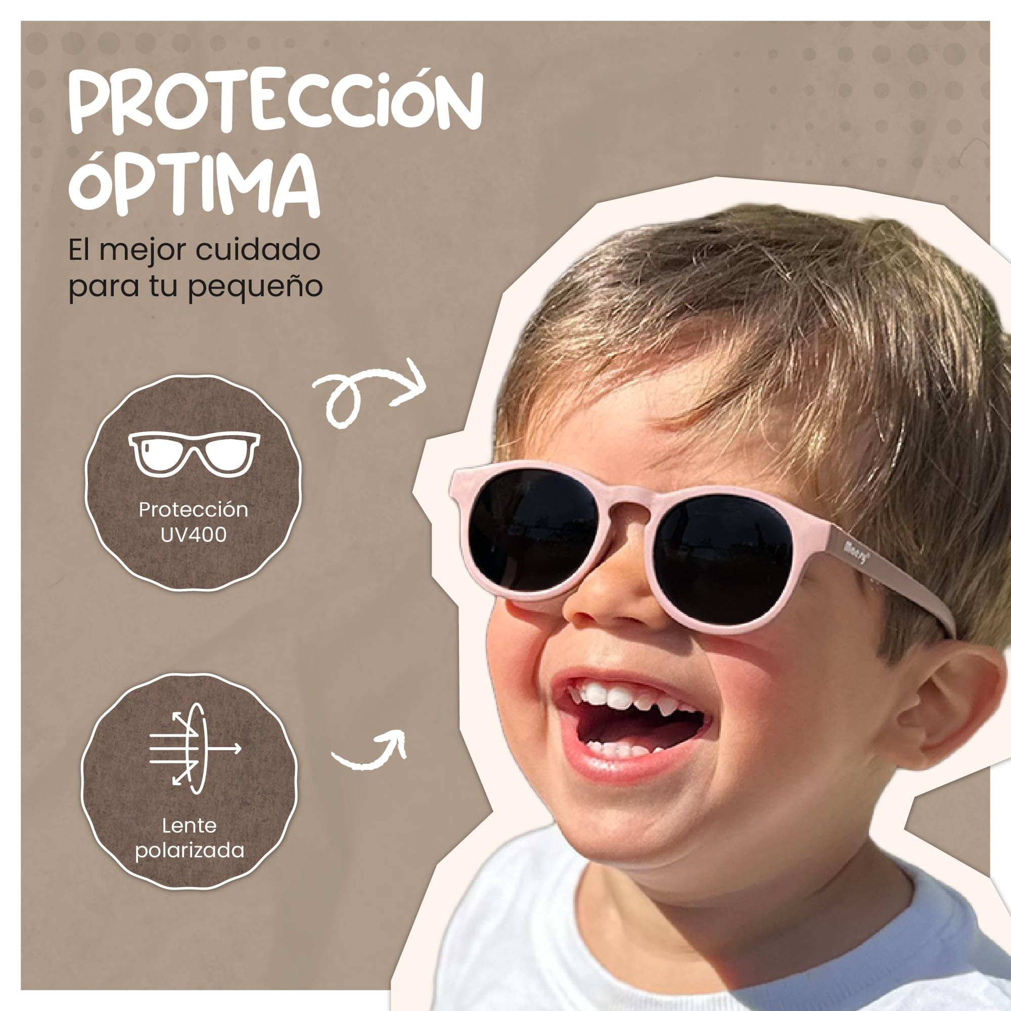 Gafas de Sol para Bebé y Niño, 1-3 Años, Protección Polarizada UV400, Montura Flexible y Blanda, Cinta Elástica Ajustable, Gafas de Sol Seguras y Cómodas para Niños, Bowi