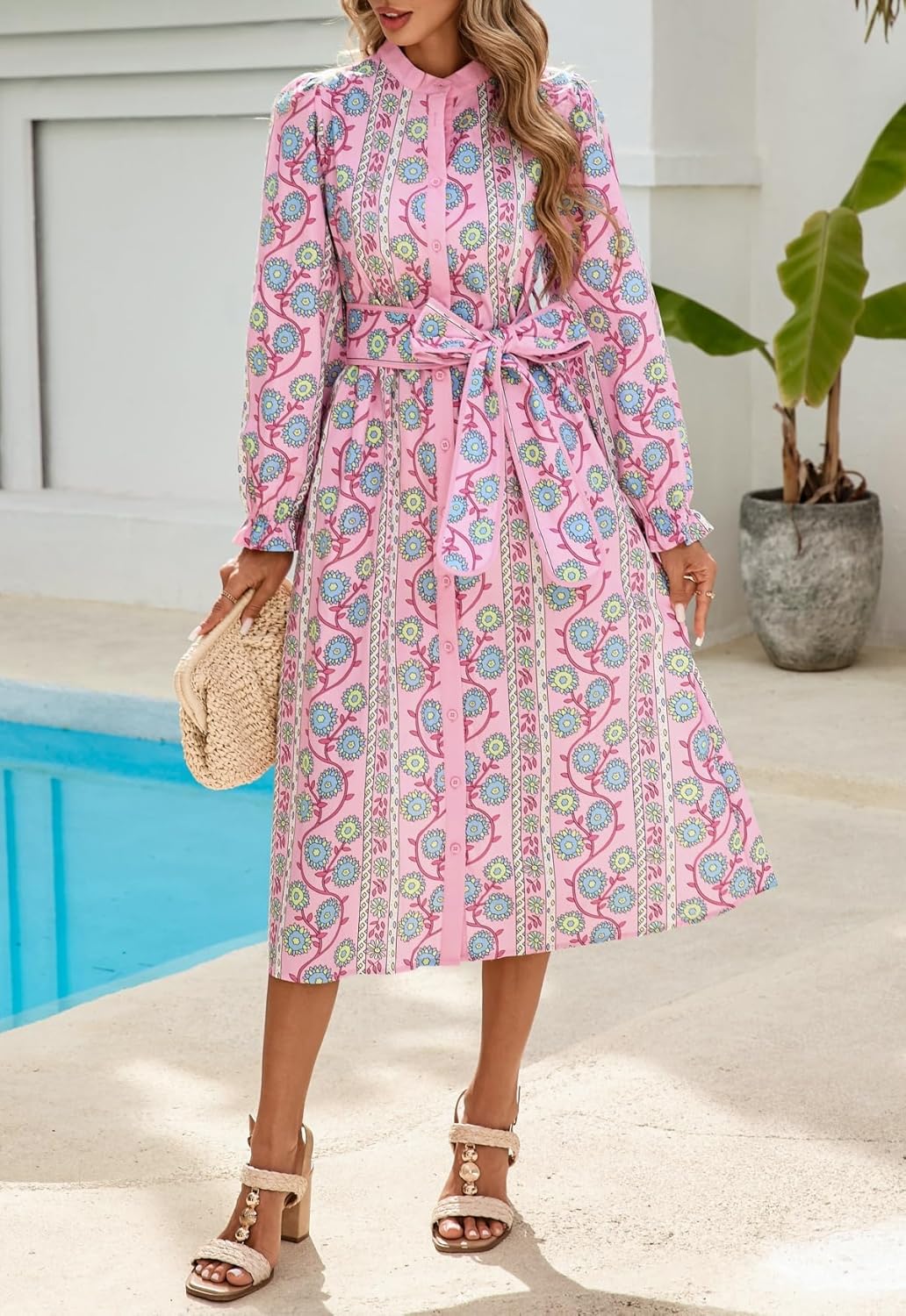 Women Floral Midi Dress Long Sleeve Button Down Shirt Dress with Belt - Image 6