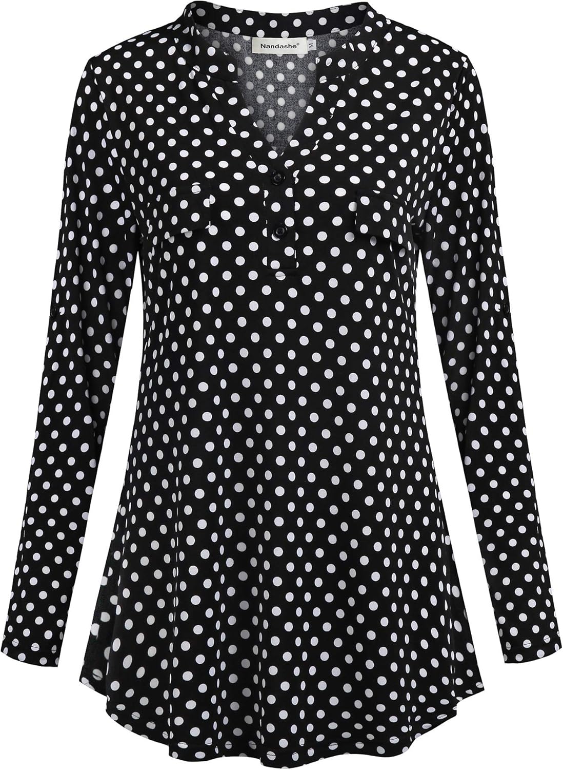 Nandashe Womens 3/4 Roll Sleeve Shirt V Neck Button Down Blouse Loose Tunic Tops - Image 3