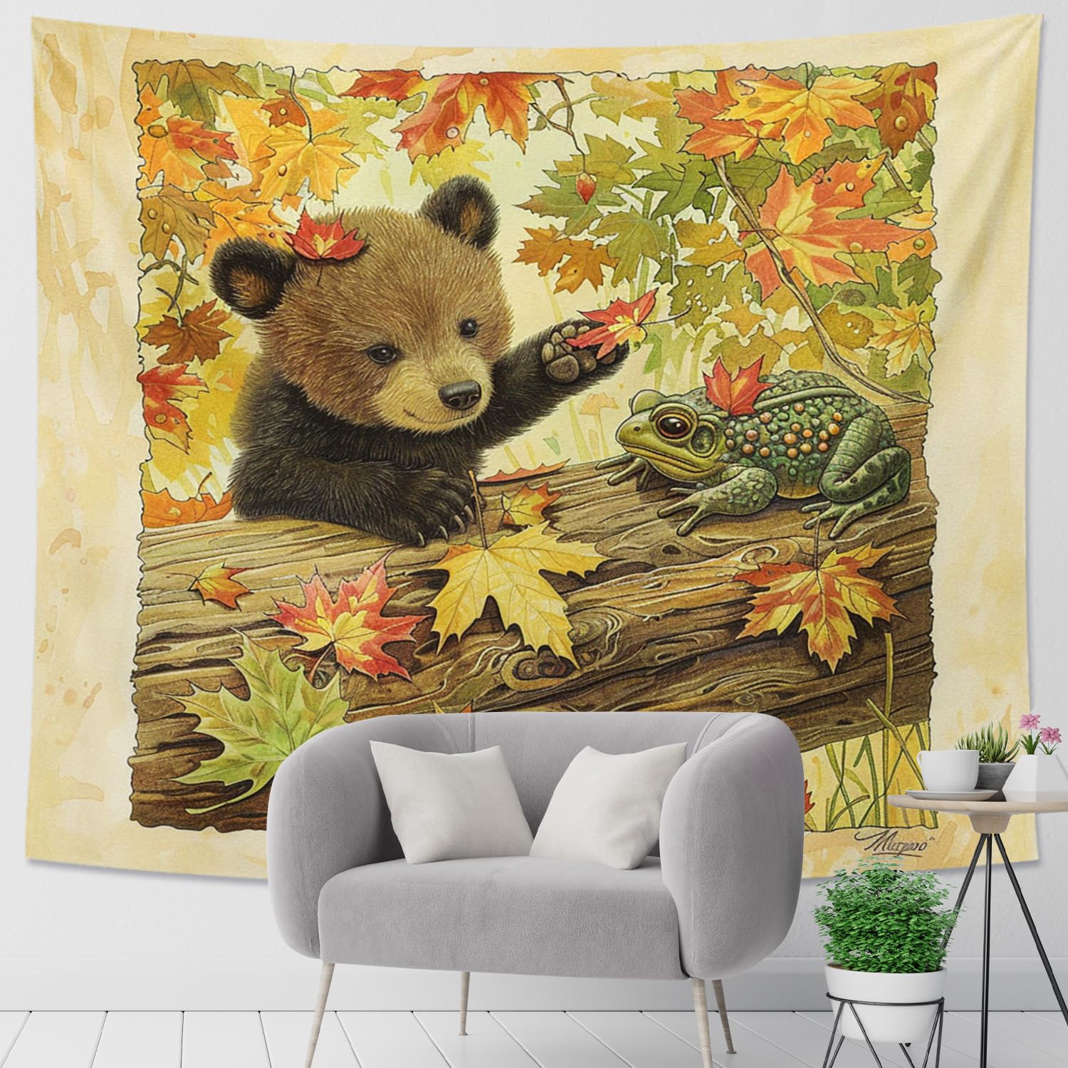 Bear and Amphibian Autumn Tapestry, Fall Nature Forest Animals Decorative Wall Hanging, Cute Woodland Tapestry for Bedroom, Living Room, Nursery 40x60 Inch