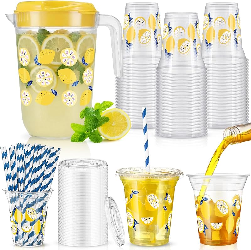 Potchen Lemonade Stand Supplies, 1 Gallon Lemon Plastic Pitcher, 100 Pcs 16oz Disposable Plastic Cup with Lid and Straw, Large Drink Water Jug for Lemon Party Decoration, Beer Tea Juice (Blue)