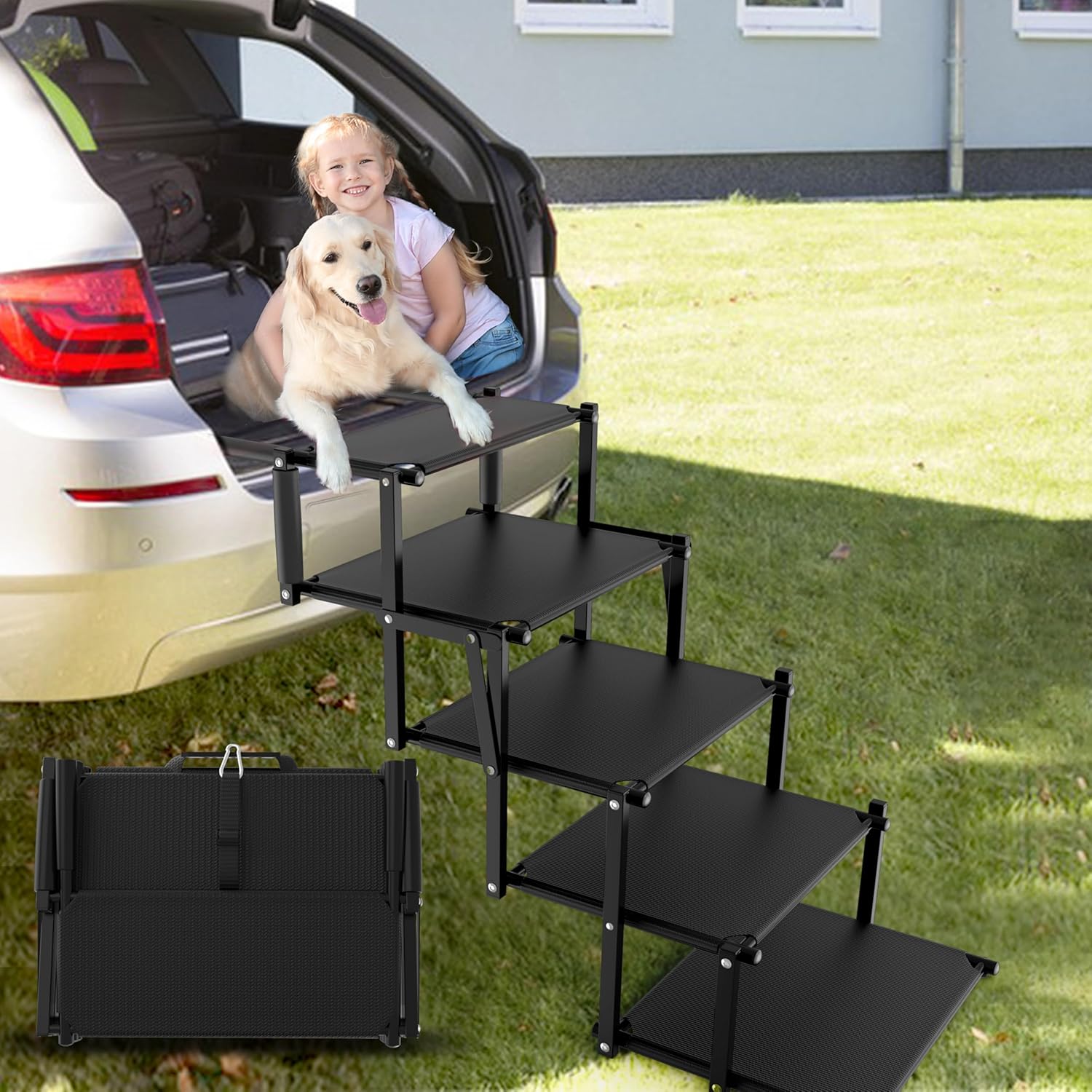 Extra Wide 5 Steps Dog Stairs for Large Dogs, Foldable Dog Ramp for Car with Non-Slip Surface, Lightweight Dog Stairs for Cars, Dog Steps for Cars, SUV, High Beds, Truck, Supports up to 250 lbs Extra Wide-5 Steps