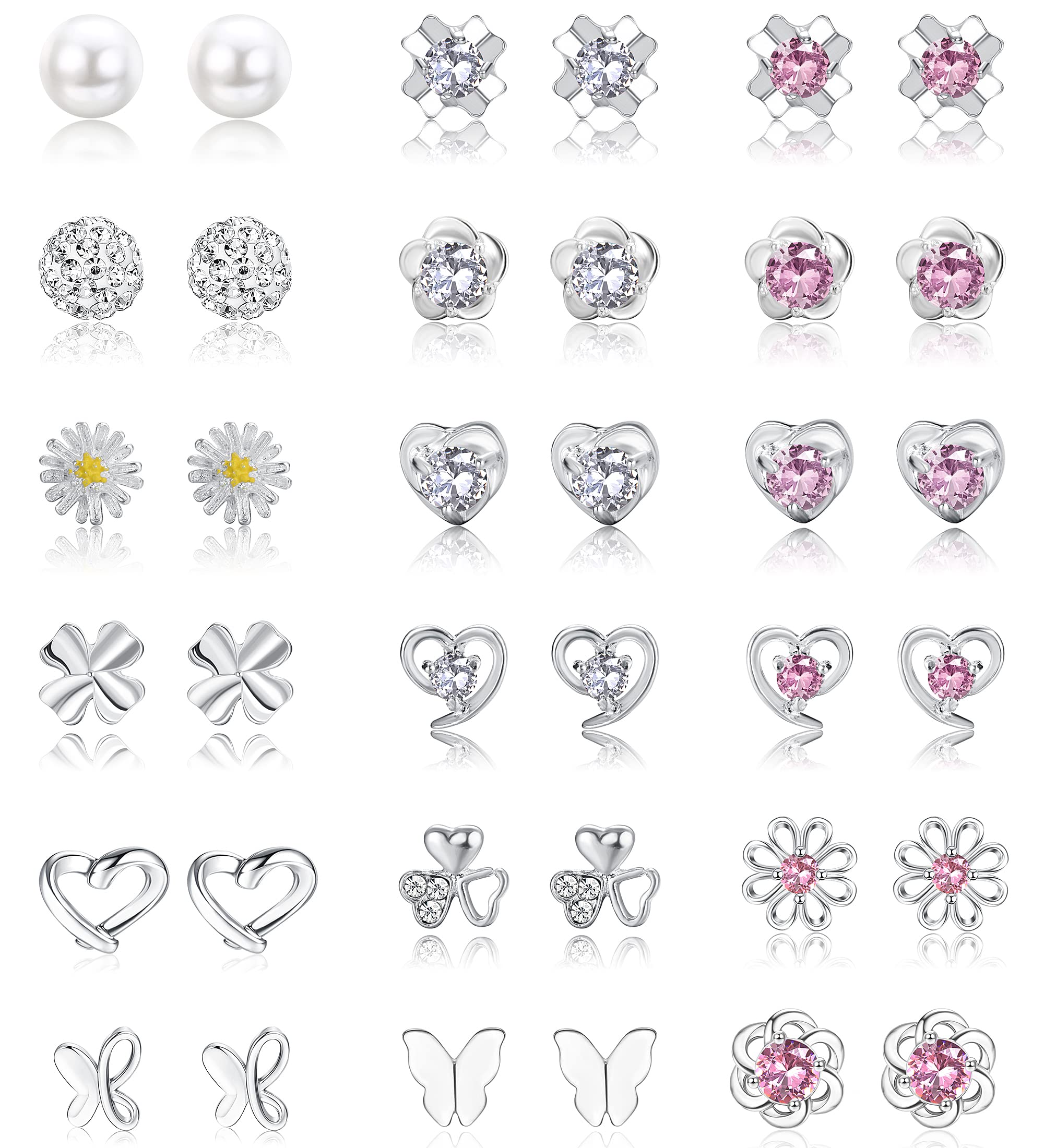 YADOCA 18 Pares Pendientes de Plata de Ley 925 para Mujeres Niñas Cubic Zirconia Perla Redondo Corazón Flor Mariposa Pequeños Pendientes Cartílago Hipoalergénicos Piercing Oreja Joyería