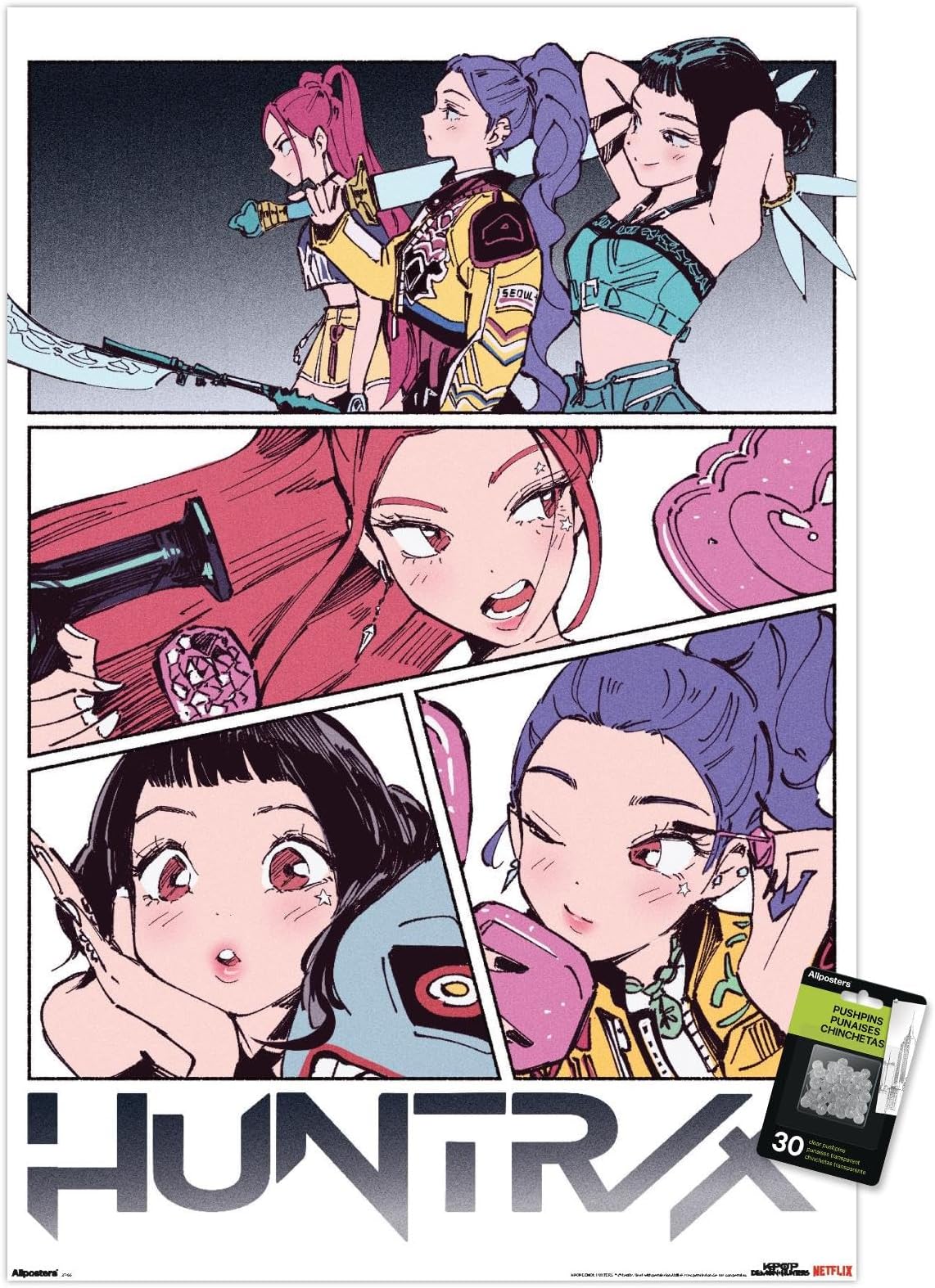Netflix KPop Demon Hunters (2025) - Huntrix Manga Panels Wall Poster with Push Pins, 34L" x 22.4W", Poster & Push Pin Bundle