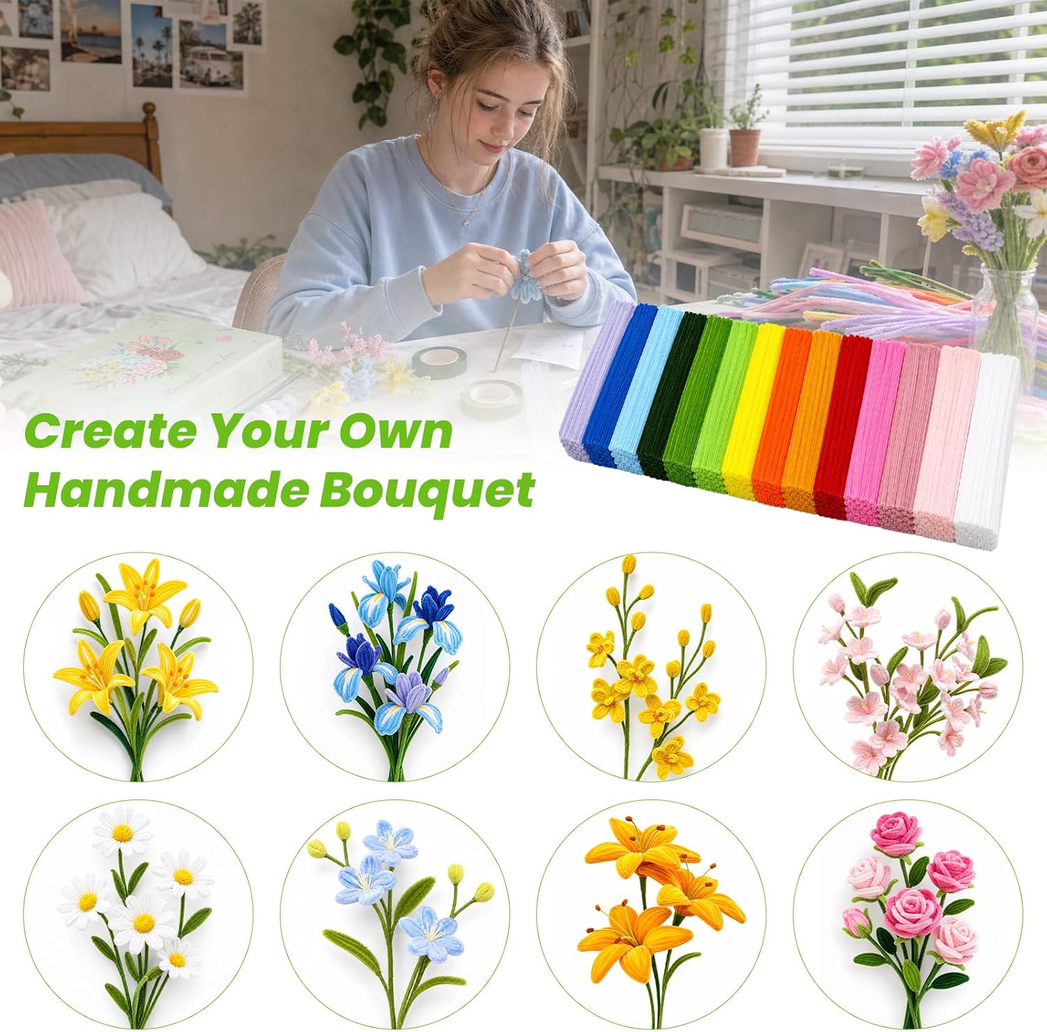 LIOIFIR 700 PCS Pipe Cleaners Craft, Pipe Cleaners Flowers Kit, 14 Colors Chenille Stems with Flower Instructions, Art and Craft Supplies
