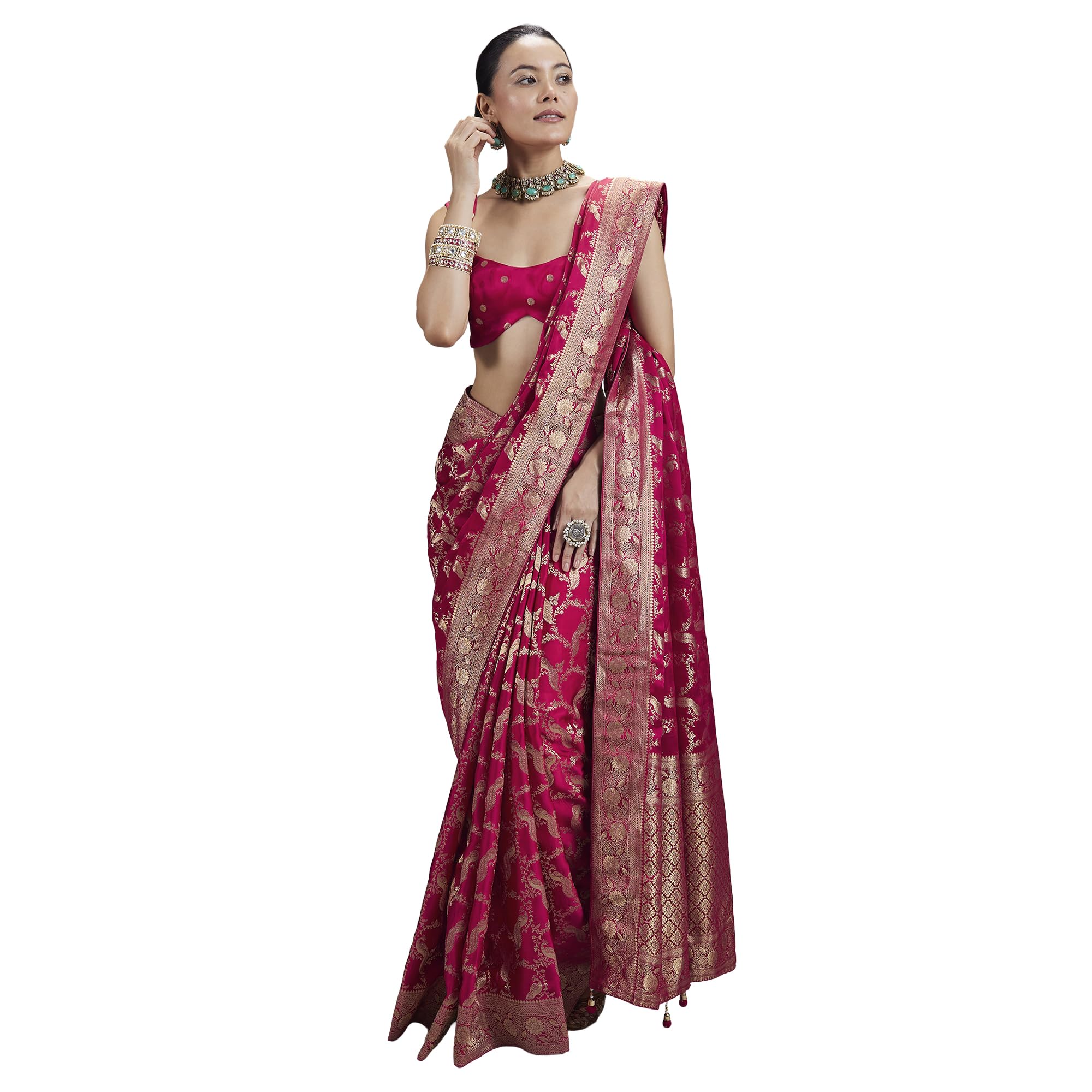 Rani Pink Dola Silk Saree With AllOver Zari Woven Jaal Work-image-44