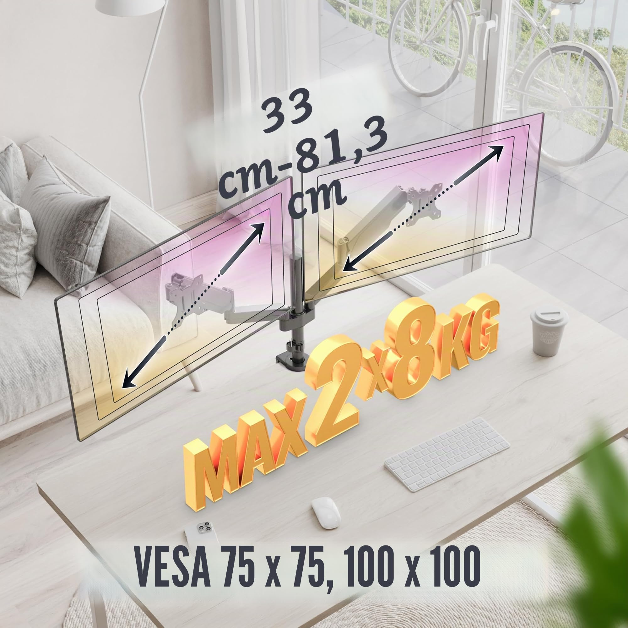 RICOO TS3911 Dual Support Écran PC TV 2 Écrans 13 17 19 22 24 27 28 32 Pouces VESA 75x75 100x100 Ressort à gaz Orientable Inclinable Rotatif Universel Fixation Bureau Pince de Table