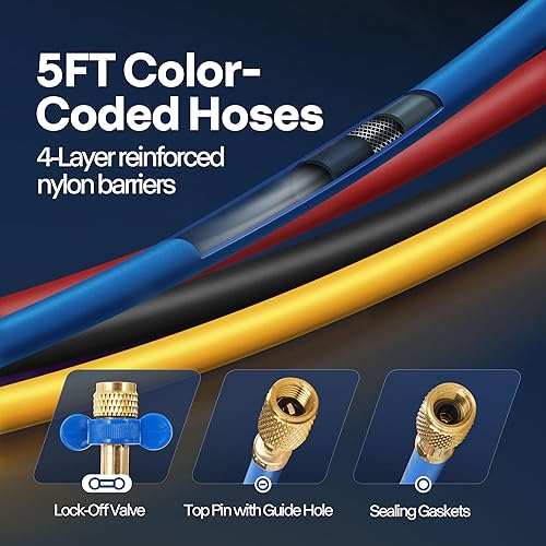 Vista 4 de VIVOHOME Bomba de Vacío HVAC Mejorada de 4CFM 1/3 HP de 1 Etapa y Juego de Manómetros Múltiples de CA de 4 Vías con Detector de Fugas, Mangueras