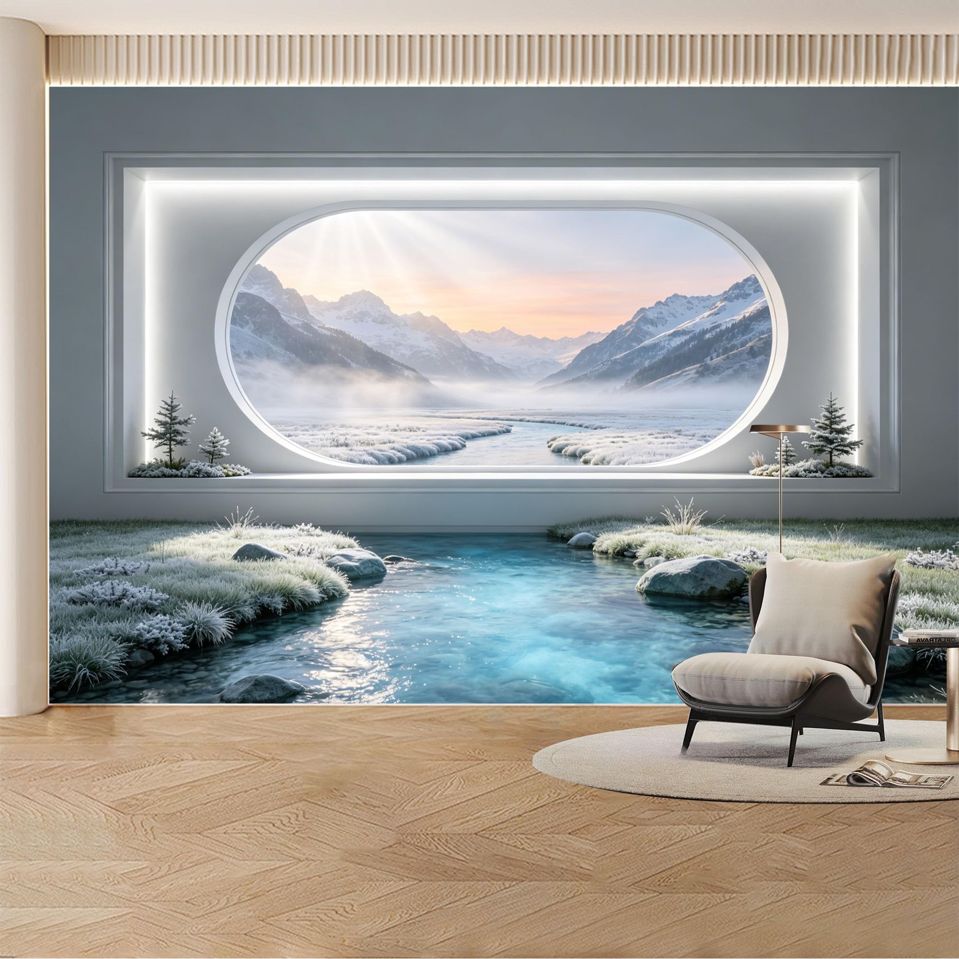 Custom Wall Mural Wallpaper Mountain River Landscape Nature 3D Effect Large Wall Art Misty Nordic Minimalist Removable SelfAdhesive Large Photo for Living Room， Bedroom， Office