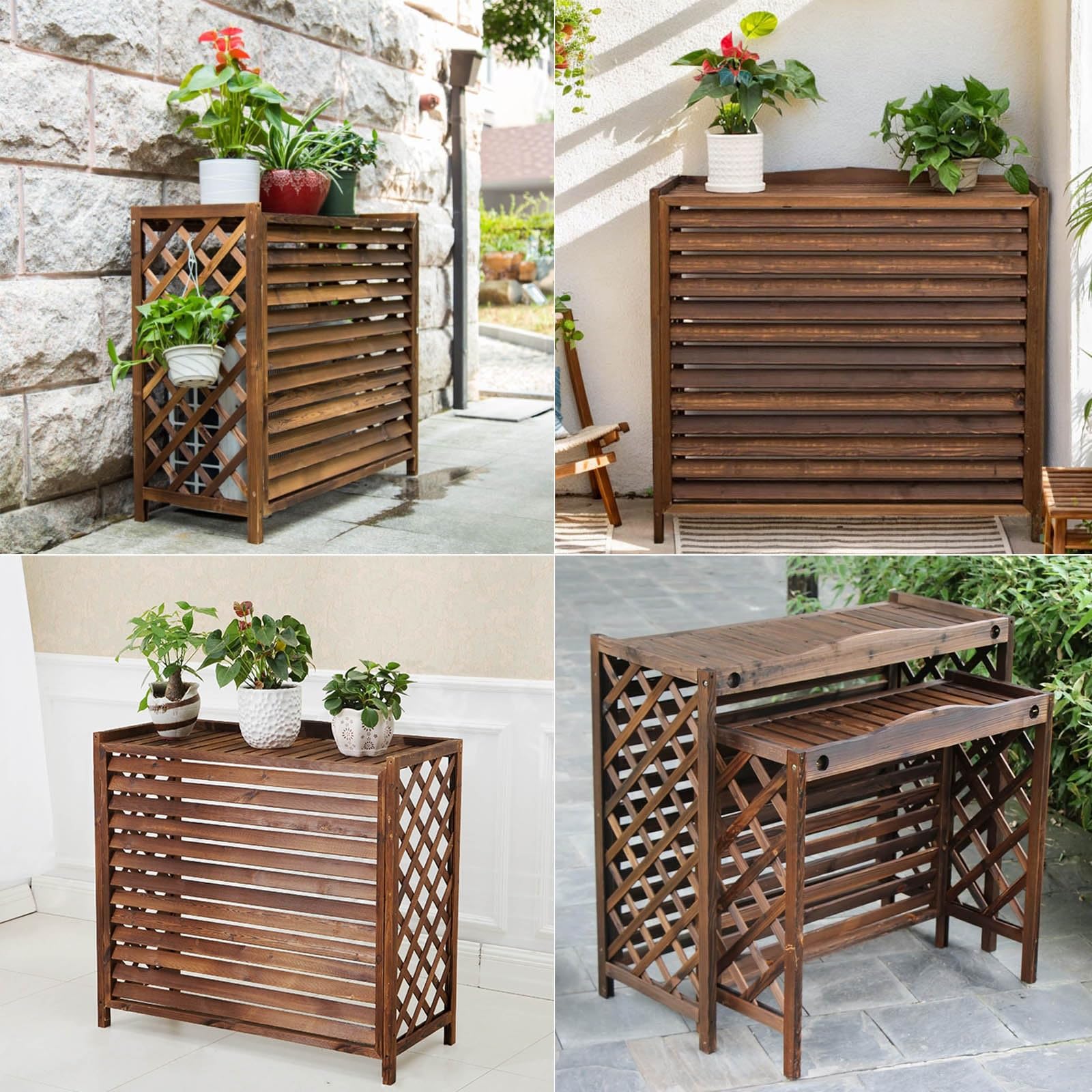 Klimaanlage Abdeckung Holz Wärmepumpe Verkleidung Balkon Sichtschutz Holz Blumenständer Draußen Klimaanlage Abdeckung Außengerät Gartenregal Wetterfest Blumenständer Massivholz(100x44x93cm)