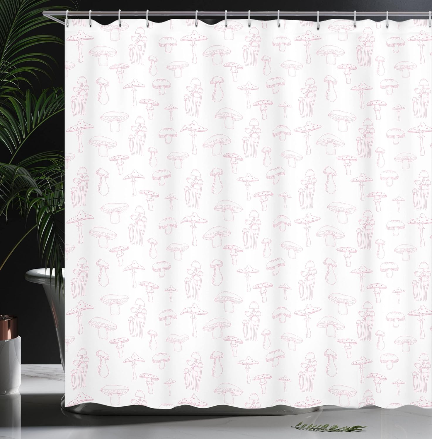 Ambesonne Mushroom Shower Curtain, Monochrome Digital Pencil Drawing Magic Garden Produce Sketch Illustration Print, Cloth Fabric Bathroom Decor Set with Hooks, 69" W x 70" L, Pastel Pink