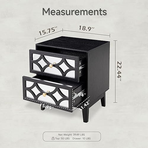 Miniatura 2 de COZAYH Modern 2 Drawer Nightstand with Mirrored Fronts, Elegant Geometric Pattern Bedside Table for Bedroom, Black