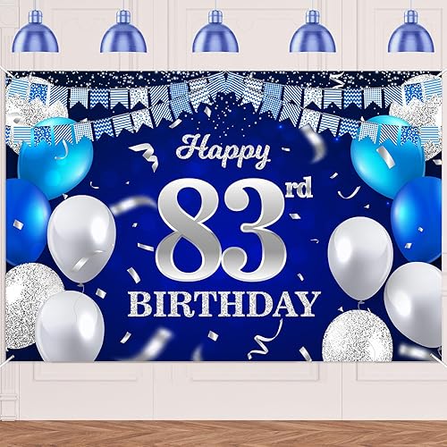 Vista 363 de Cartel de feliz cumpleaños número 33, globos azul marino, confeti, bandera a rayas, puntos de luz, saludos a 33 años, decoración temática