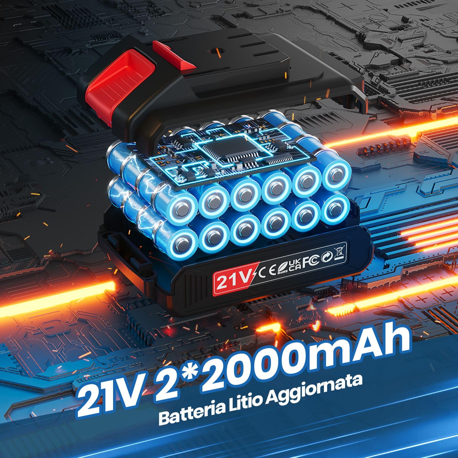 Trapano A Percussione 21V, Trapano Avvitatore Batteria con 2 Batterie 2,0Ah, Avvitatore a Batteria Coppia Massima di 45Nm, 2 Velocità, 25+3 Coppia, 10mm Morsa, Set di Accessori 29 Pezzi con Valigetta