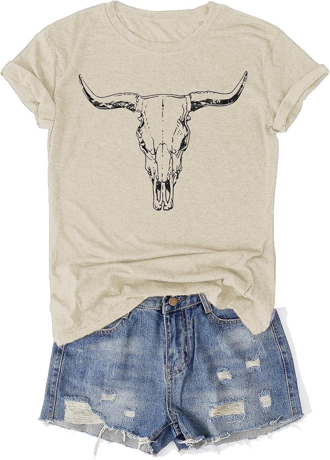 Western Rodeo Shirt for Women Retro Cowboy Graphic Tee Cowgirl Country Music T Shirt Cow Skull Print Tops Casual Tops