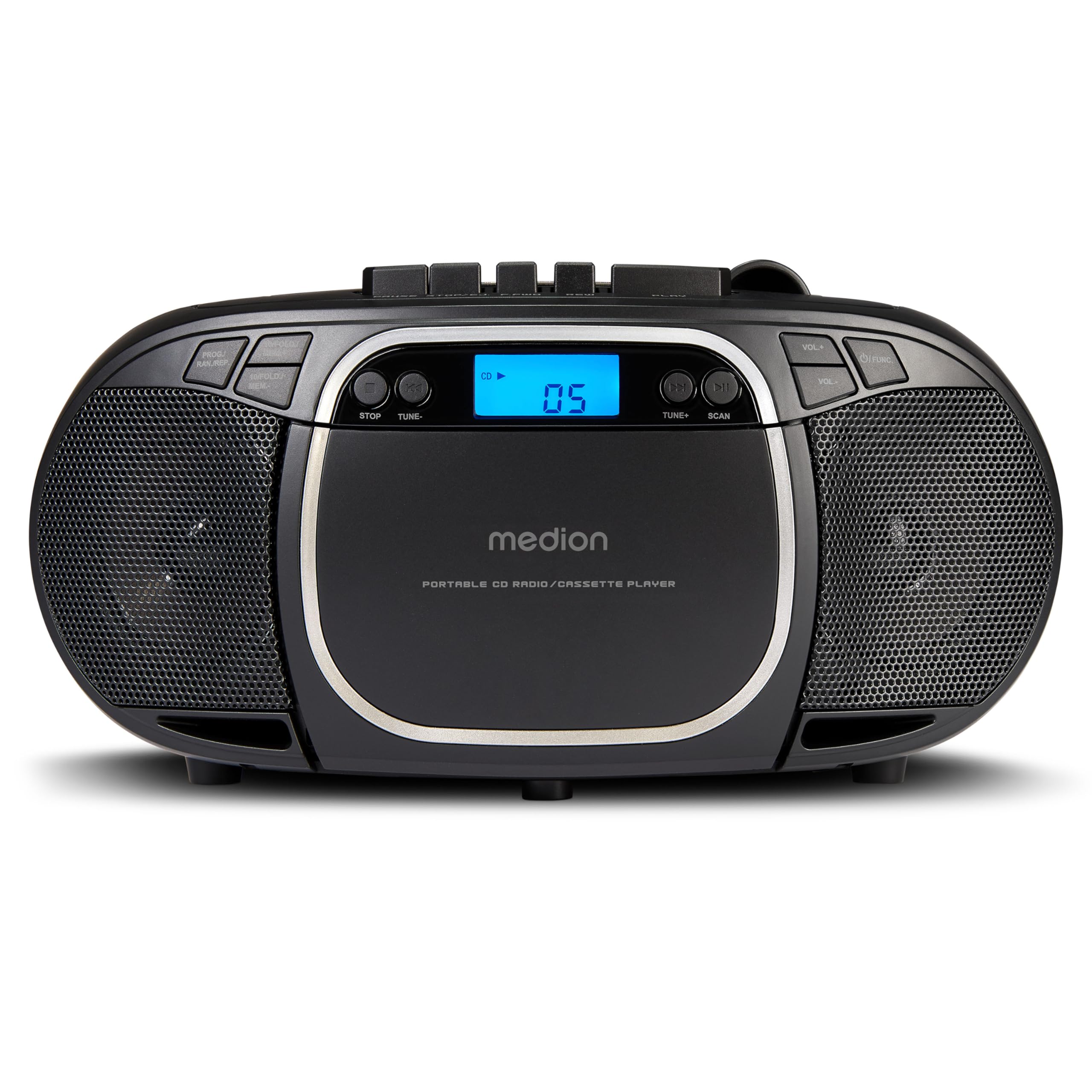 MEDION E66476 Stereo Sound System Boombox CD MP3 Cassette Radio FM AUX Noir