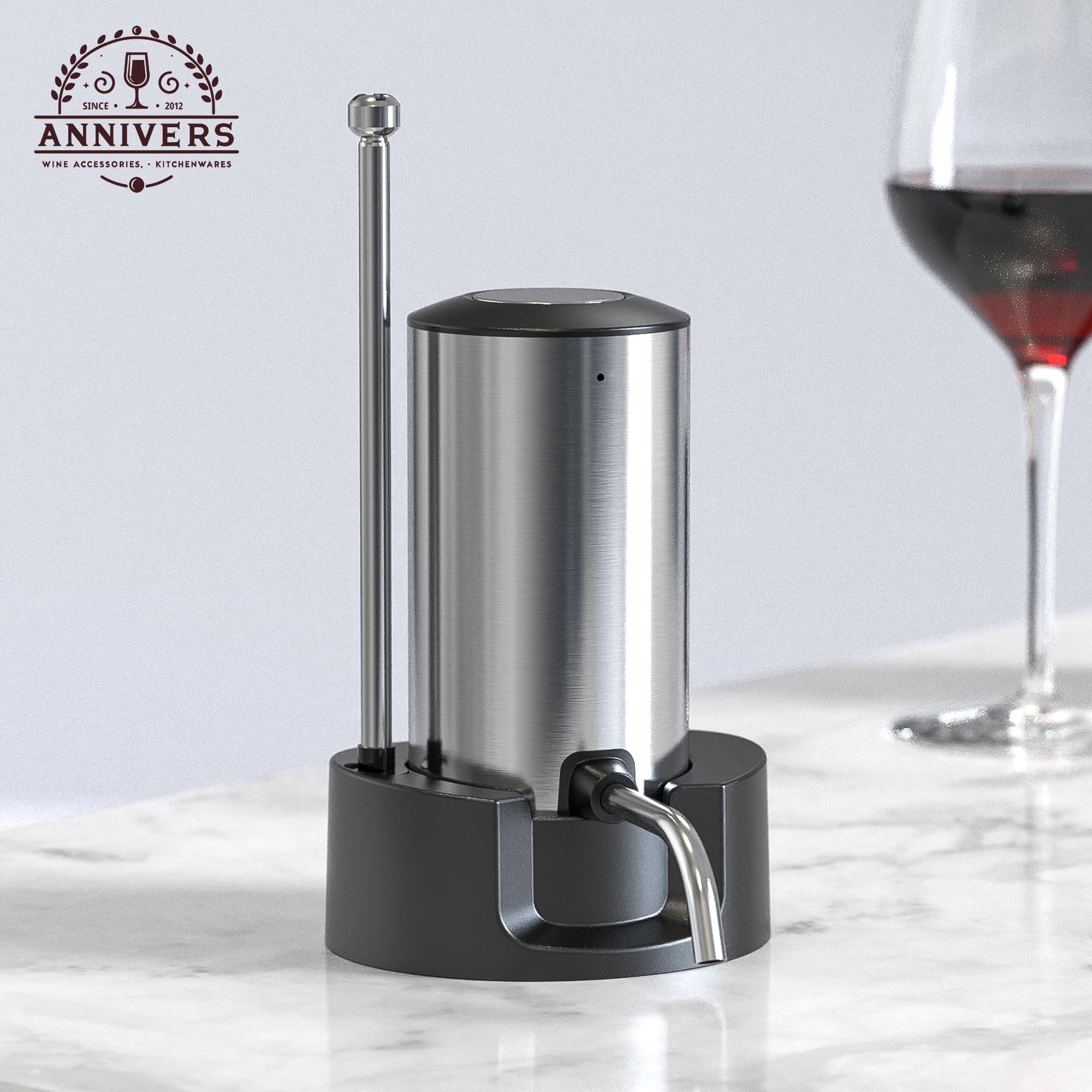 Elektrischer Weindekanter Automatischer Weinbelüfter Spender Ausgießer, USB-C Wiederaufladbare Aufbewahrungsbasis Edelstahlrohr One-Touch-Pumpe für alle Wein Btls, Aérateur Distributeur de