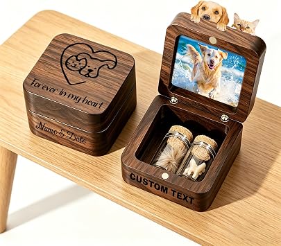 Custom Wooden Pet Urn for Ashes Personalized Pets Hair Memorial Keepsake Box for Dog Cat Fur with Photo Text Engraving Customized Small Glass Urns for Teeth Whiskers Sympathy Loss of Pets Gift A