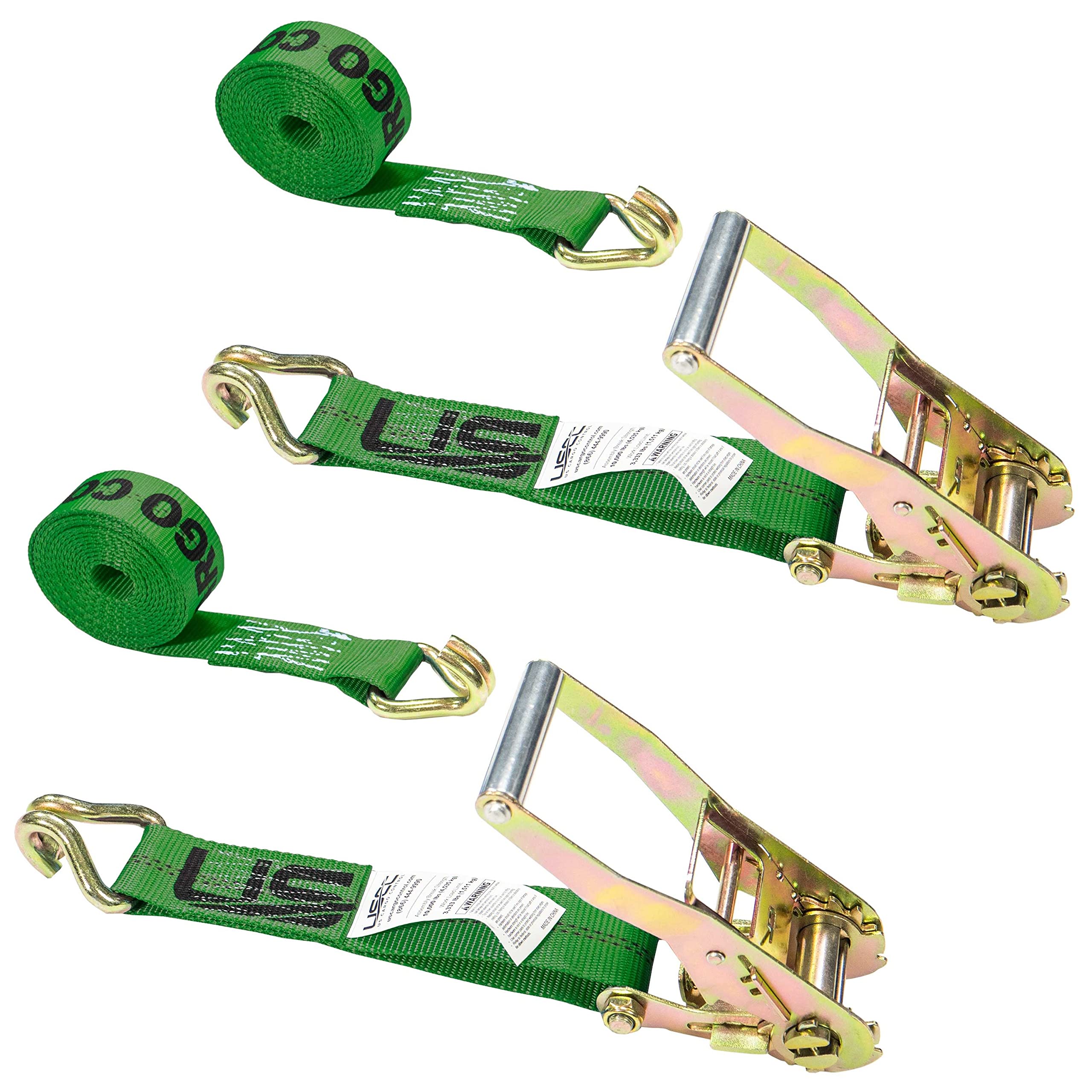 US Cargo Control Ratchet Straps, 2 Inch x 18 Foot Ratchet Straps with Double J Hooks, 18 Foot Tiedowns, Green Ratchet Straps, Double J Hook Ratchet Straps, Secure Cargo with Ease, 2 Pack