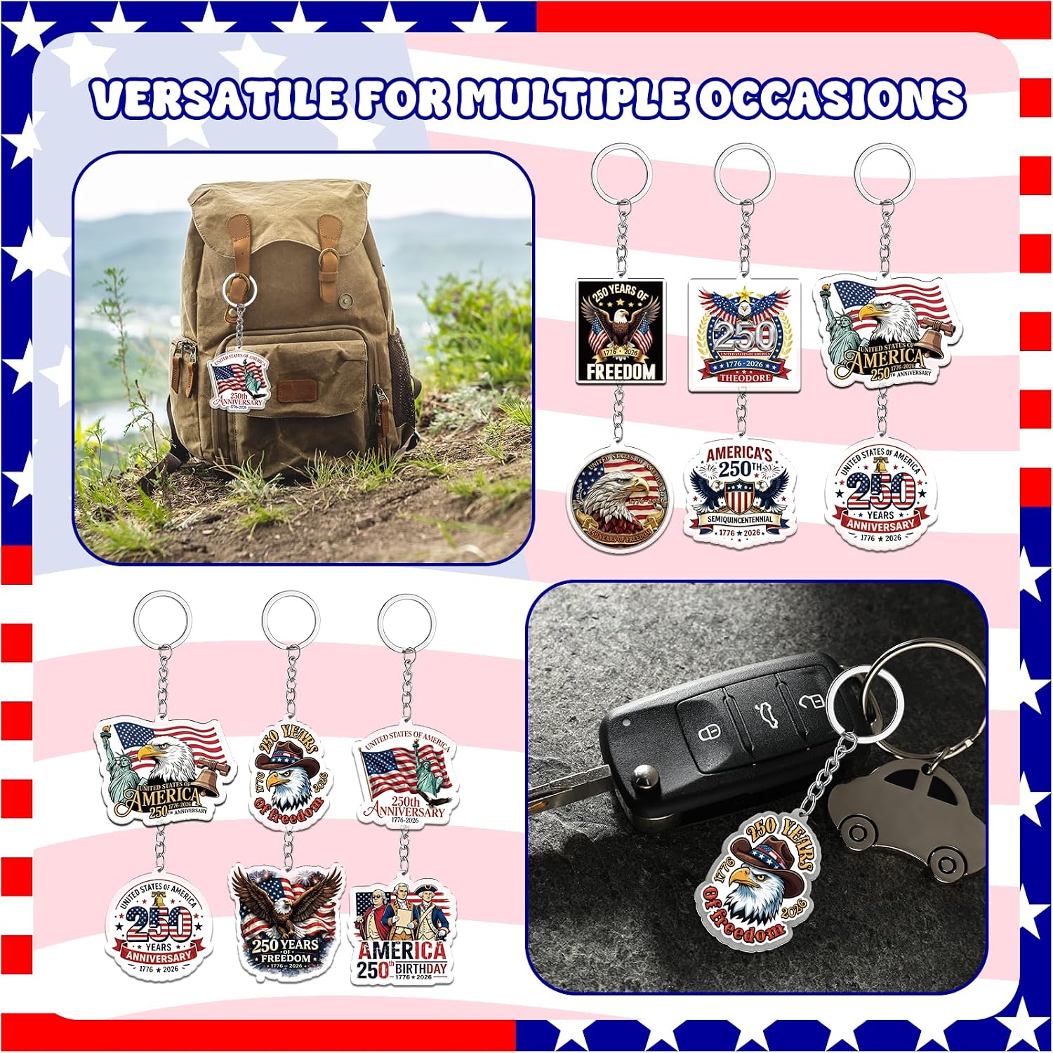 100 Pcs USA 250th Anniversary Keychains Bulk America 250 Years Merchandise 1776-2026 Acrylic Keychain Patriotic Commemorative Gifts for 4th of July Party Favors Independence Day Souvenir Accessories