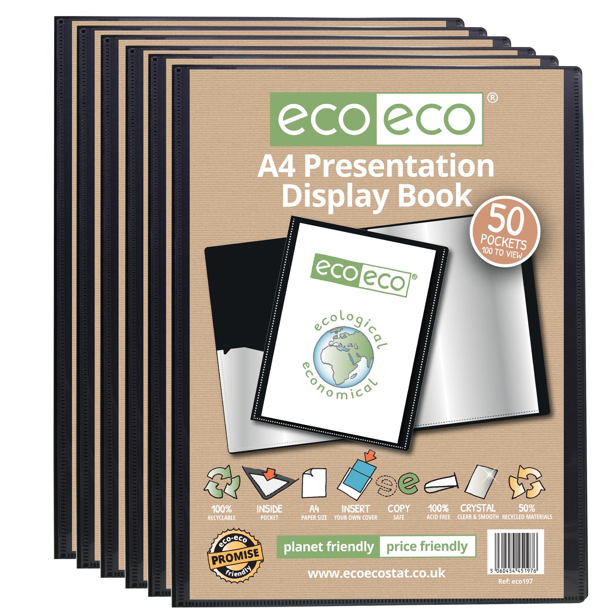 eco-eco Präsentationsbuch, A4-Format, 50% recycelt, 50 Hüllen, schwarz, Präsentationsmappe mit Kunststoffhüllen, 6 Stück, eco197 x 6