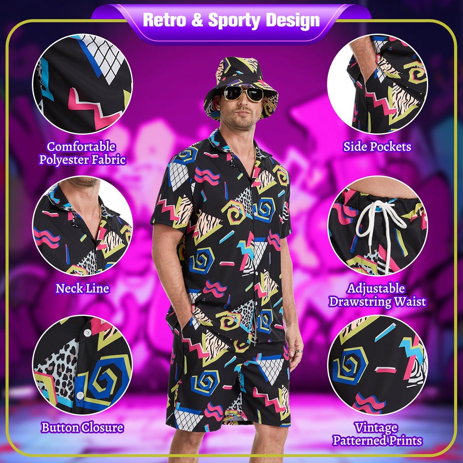80s 90s Outfit for Men, Hawaiian Vintage Shirt &Shorts Set, Hip-Hop Costume for Halloween Disco Retro Theme Party
