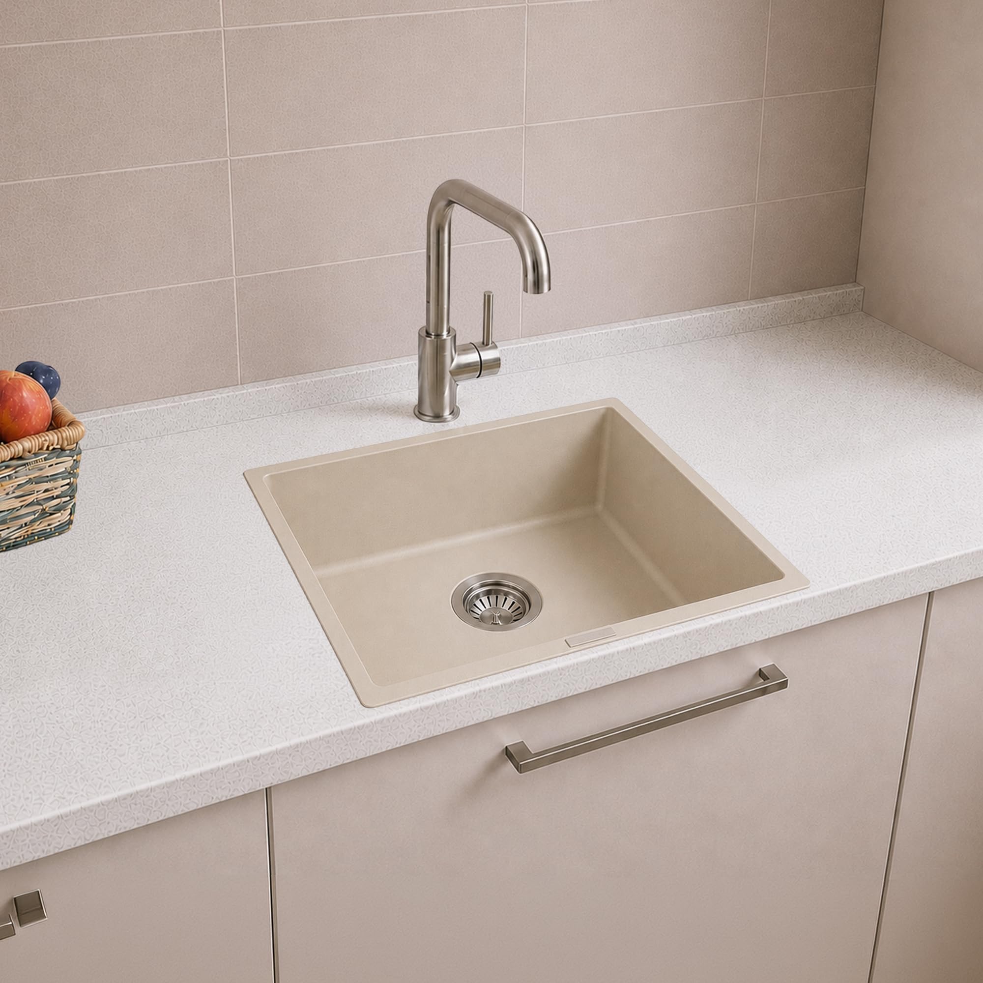 Carissa By Carysil™ Titanium Quartz Kitchen Sink 18 x 16 x 8 inches, Single Bowl Granite Sink with 80% Quartz & 20% Resin, Heat Resistant 300°C, 50kg Load Bearing, Stain Resistant - Off White-image-7