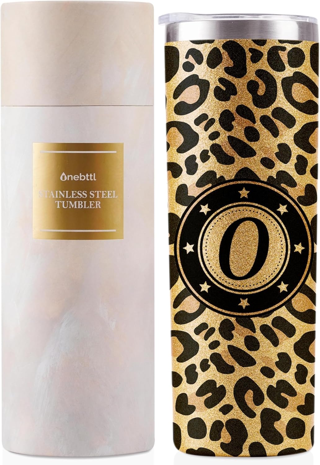 Onebttl Personalized Leopard Cup with Initial – Unique Gifts for Women Who Have Everything on Birthday, Christmas – 20 oz Double-Wall Vacuum Tumbler with Lid and Straw – Golden Glitter – Letter O