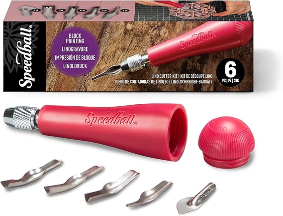 Speedball 4131 Linoleum Cutter – 5 Assorted Lino Cutters Includes Plastic Storage Handle, Made in The USA