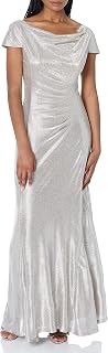 Womens Metallic Foil Knit Cap Sleeve Godet Gown/Dress