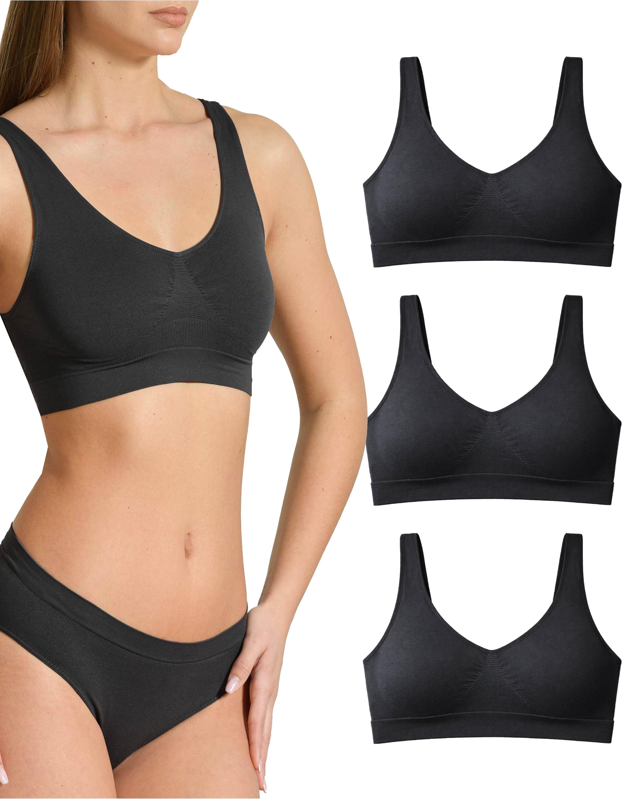 Risalti Reggiseno Senza Ferretto Spalla Larga 3 pz - Bralette Donna Senza Cuciture ed Etichette, Reggiseno Donna in Microfibra Elasticizzata, Brassiere, Top Morbido, Intimo - Made in Italy