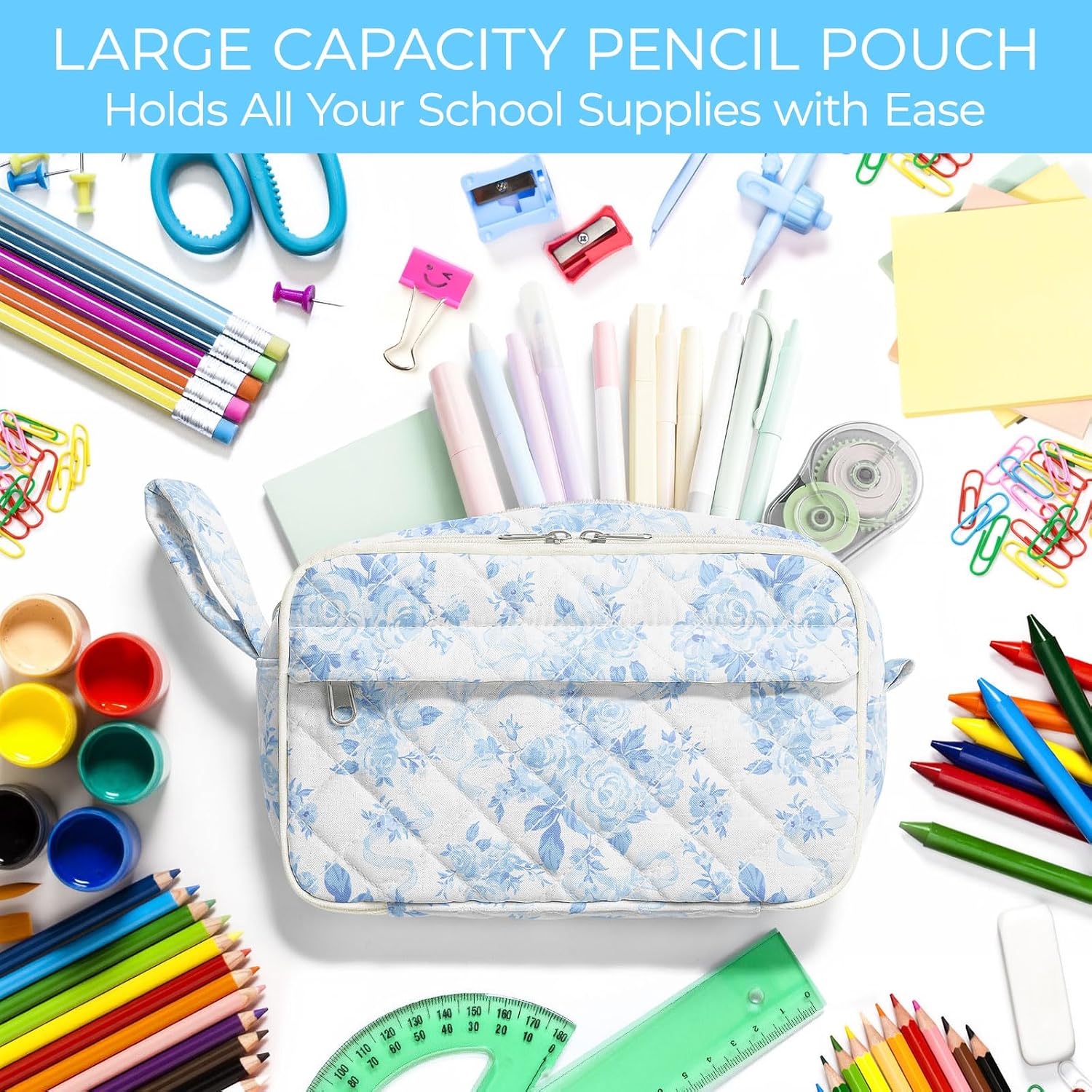 WOBAGMEN Quilted Pencil Pouch for Girls Women, Large Pencil Case Pouch with Compartments Cute Aesthetic Pencil Case Organizer, Floral Pencil Bag for School Supplies (Blue Floral Bow) image 4