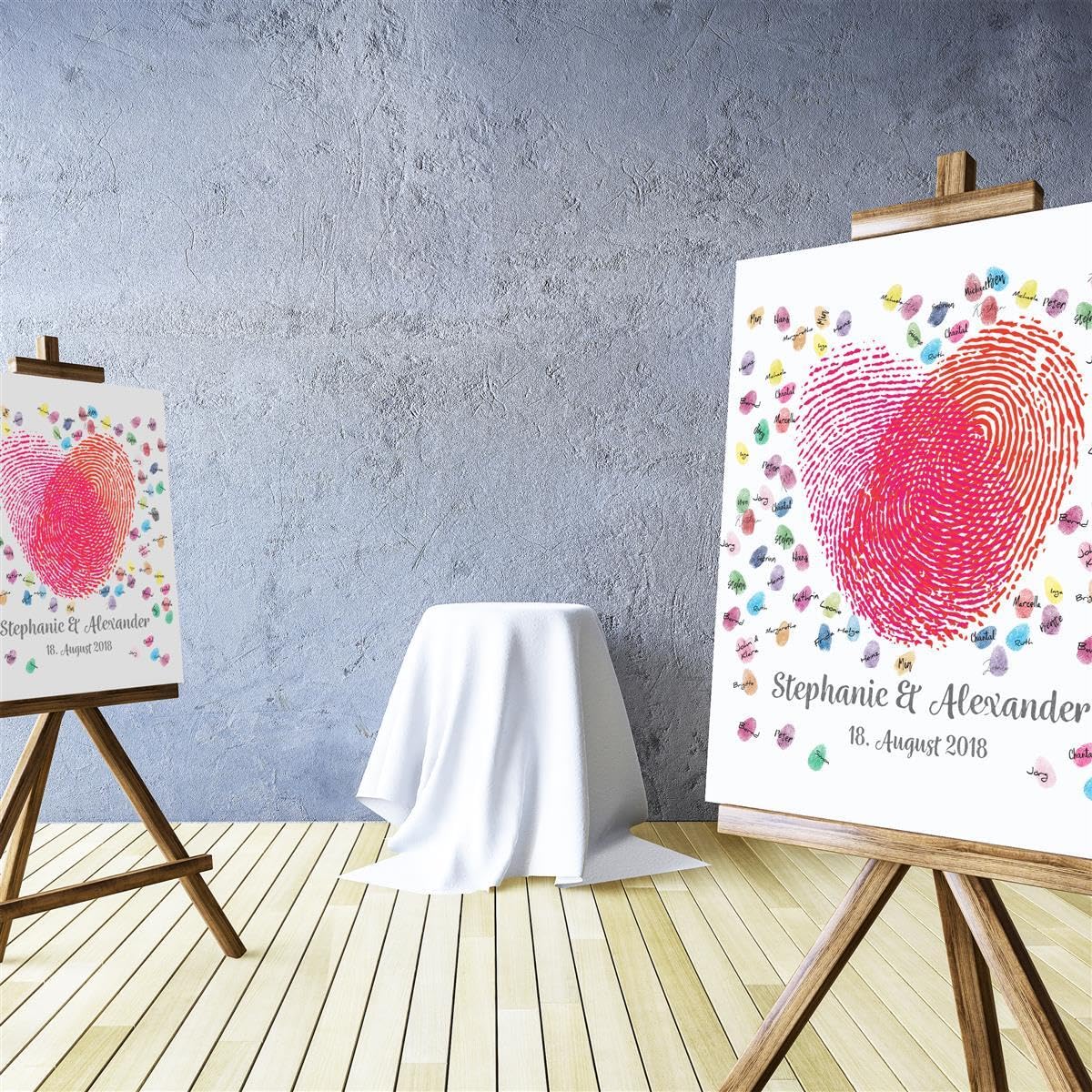 Madyes Płótno ślub odciski palców księga gości spersonalizowane serce odciski palców dla pary młodej jako prezent, dekoracja ślubna, imiona z datą. 50 x 50 cm rozmiar na blejtramie drewno