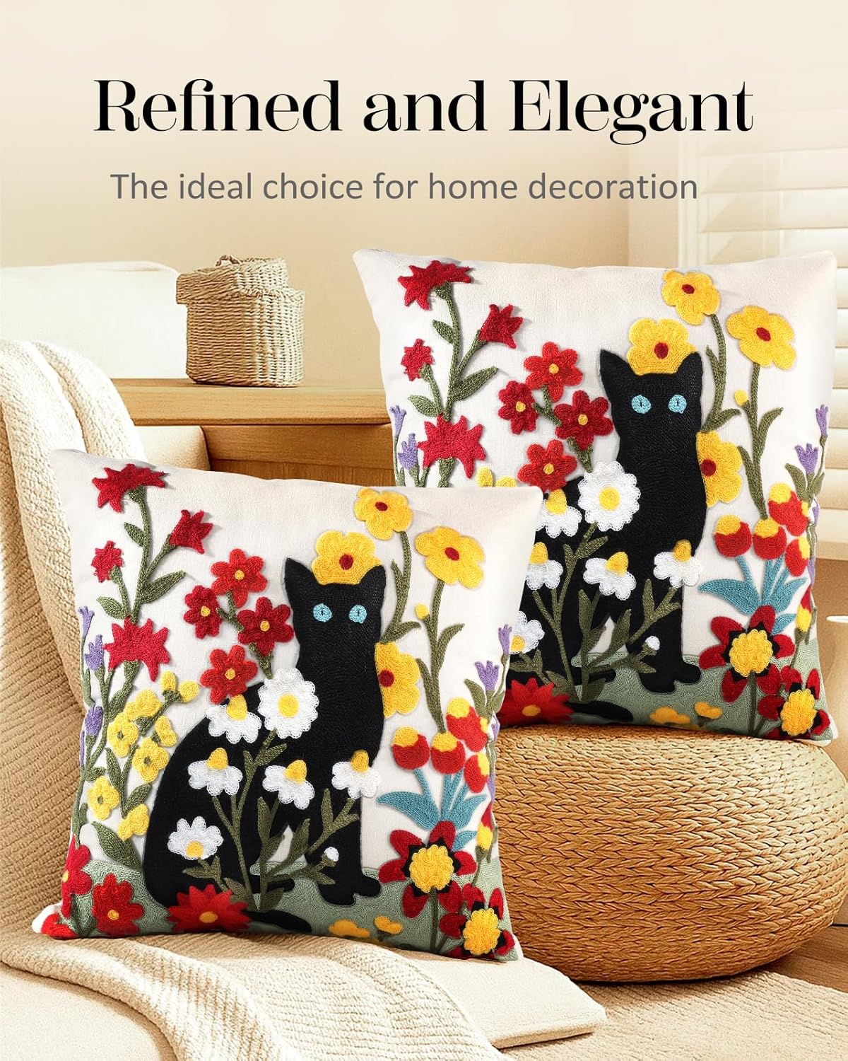 Embroidered Throw Pillow Covers 18x18 Inch - Set of 2 Summer Decorative Pillow Covers with Zipper Aesthetic Cute Design Throw Pillowcases for Couch Sofa Bed, Flower Cats
