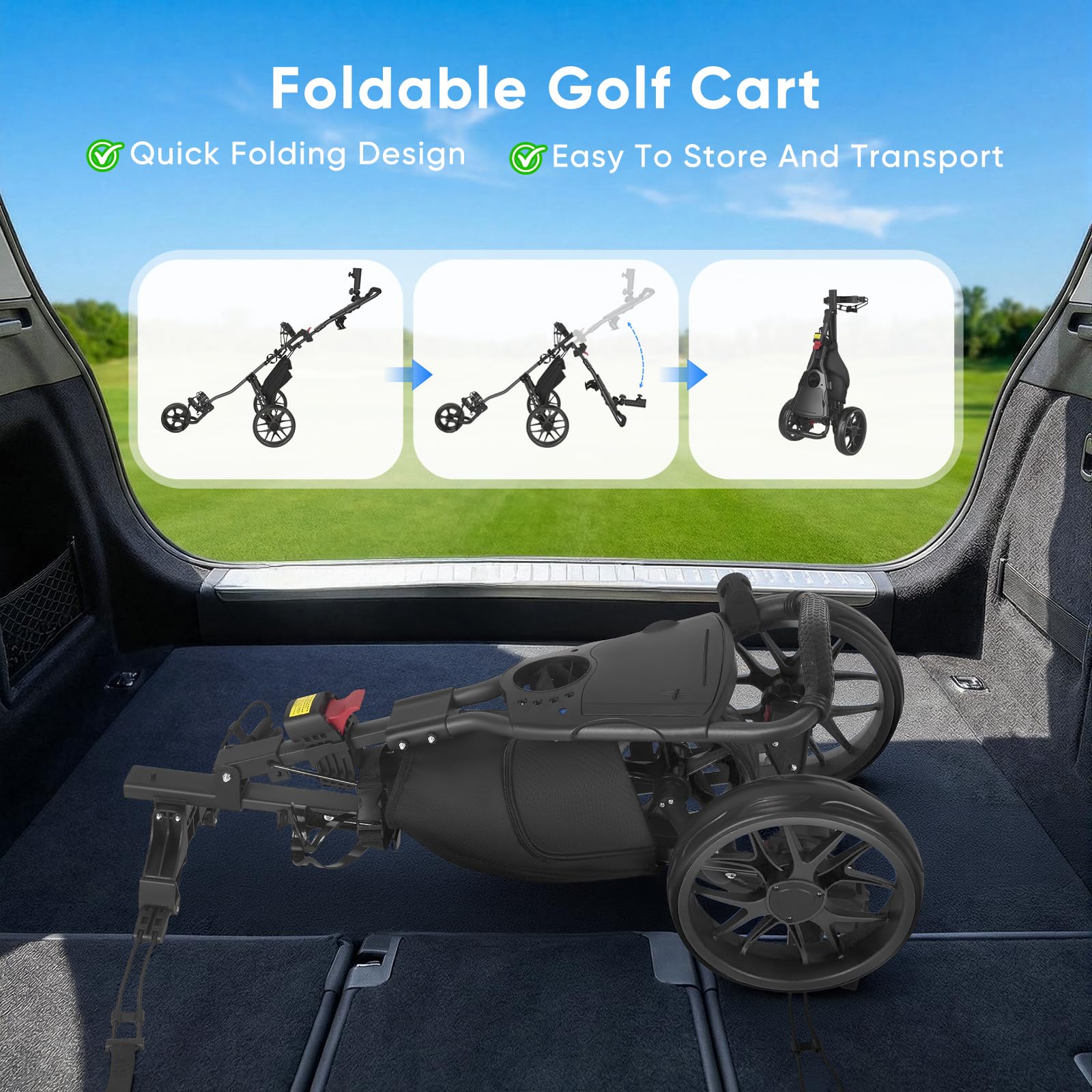 Golfwagen Klappbar 3 Räder, Golf Trolley Leicht mit Fußbremse, zusammenklappbarer Golf Caddy mit Eva Rollen, Kühltasche & Schirmhalter, für Jede Golftasche