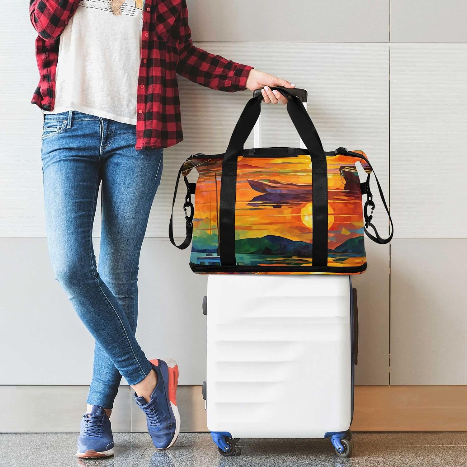 xigua Gym Bag Sunset Oil Painting Travel Duffel Bag - Sports Gym Bag with Dry Wet Pocket Cosmetic bag & Shoes Compartment for Women and Men